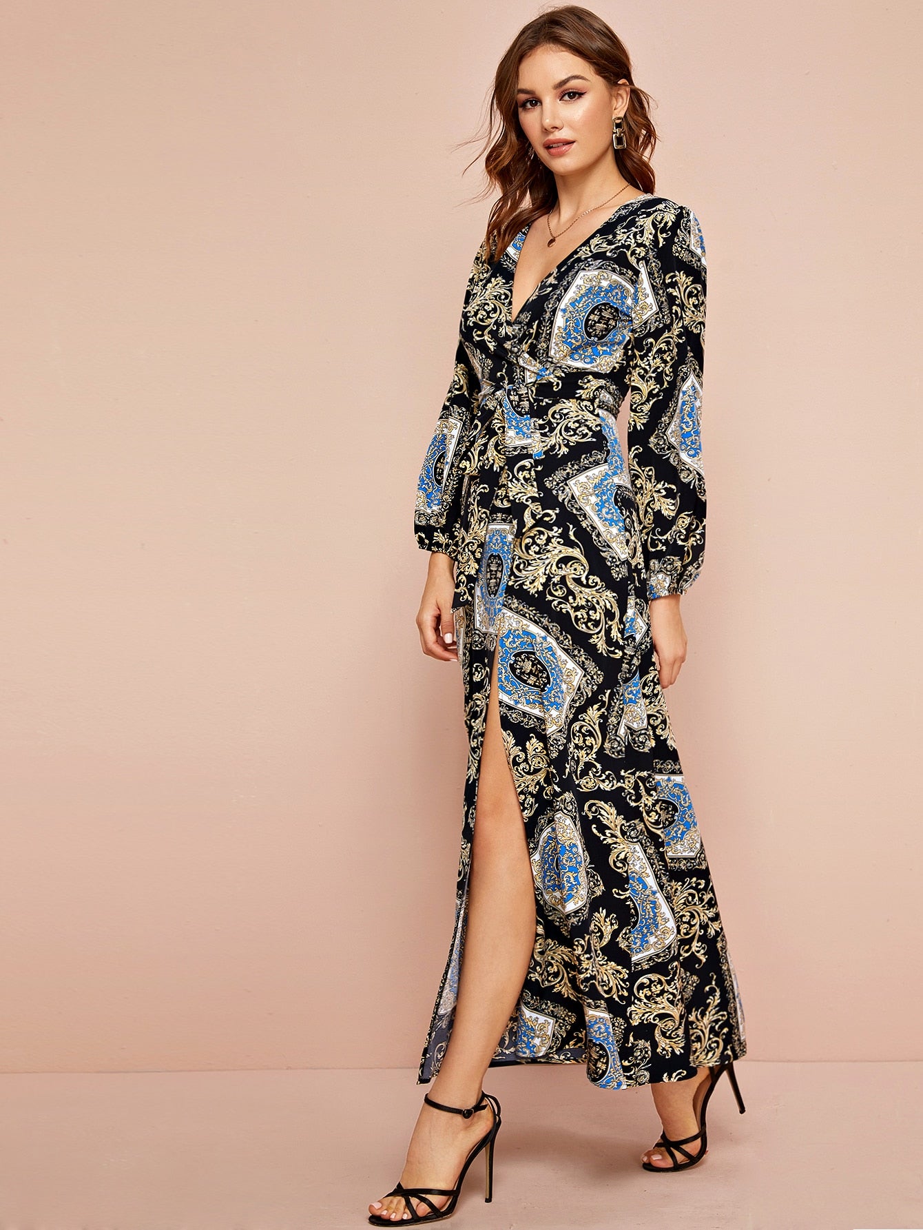 Scarf Print Tie Waist Split Thigh Dress