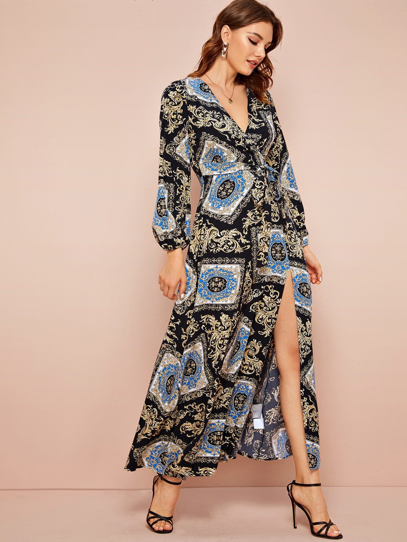 Scarf Print Tie Waist Split Thigh Dress