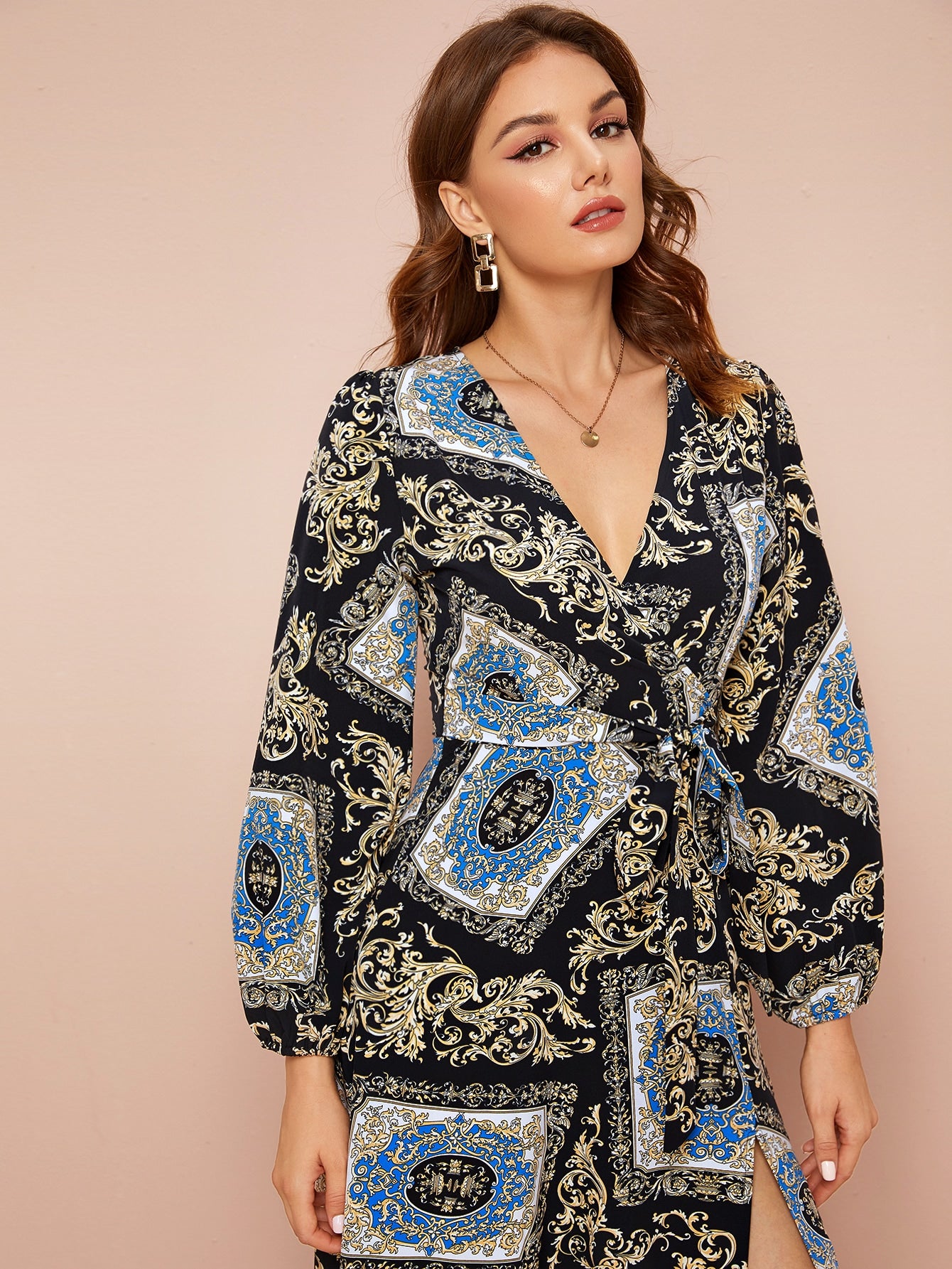 Scarf Print Tie Waist Split Thigh Dress