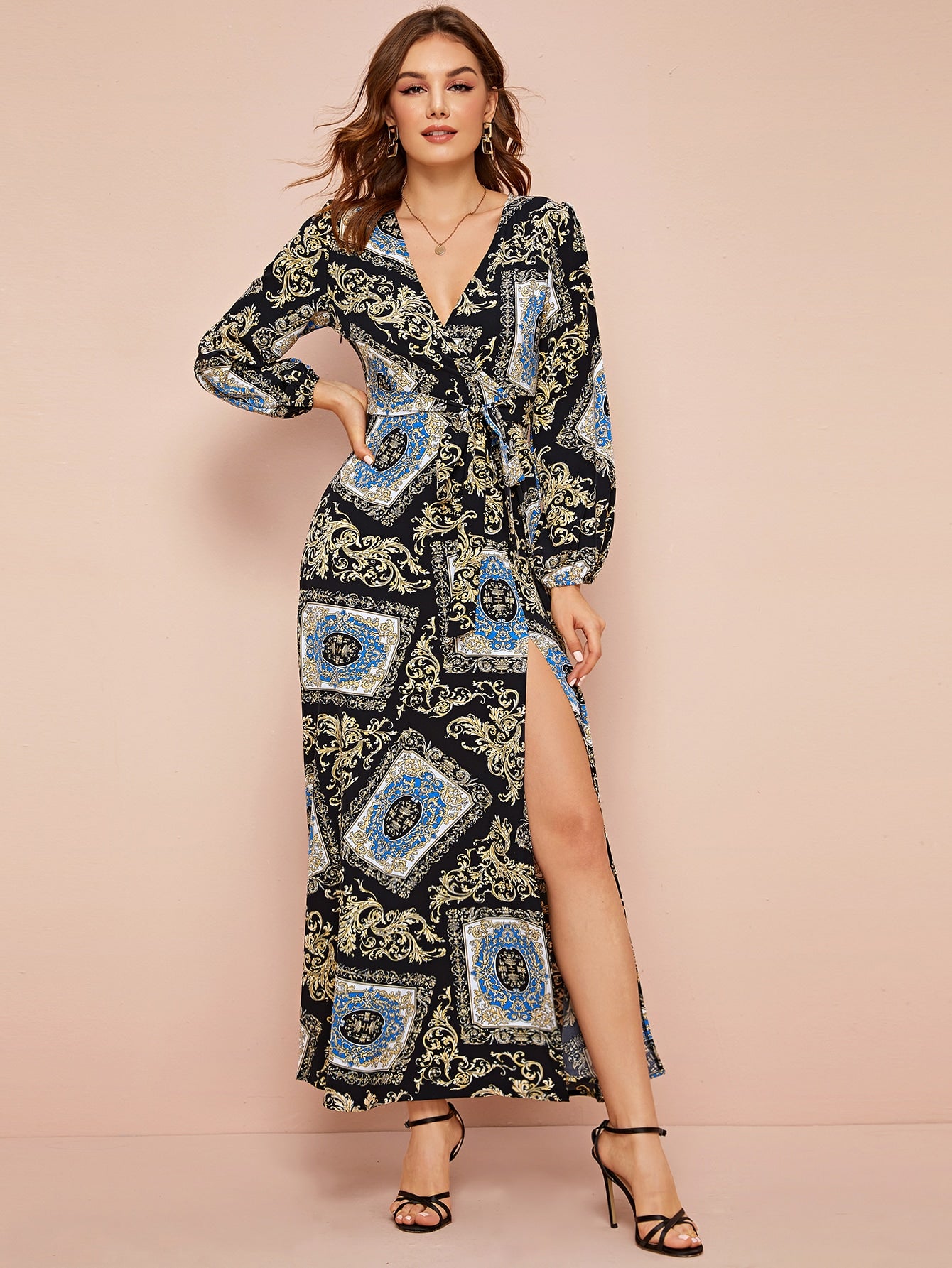 Scarf Print Tie Waist Split Thigh Dress