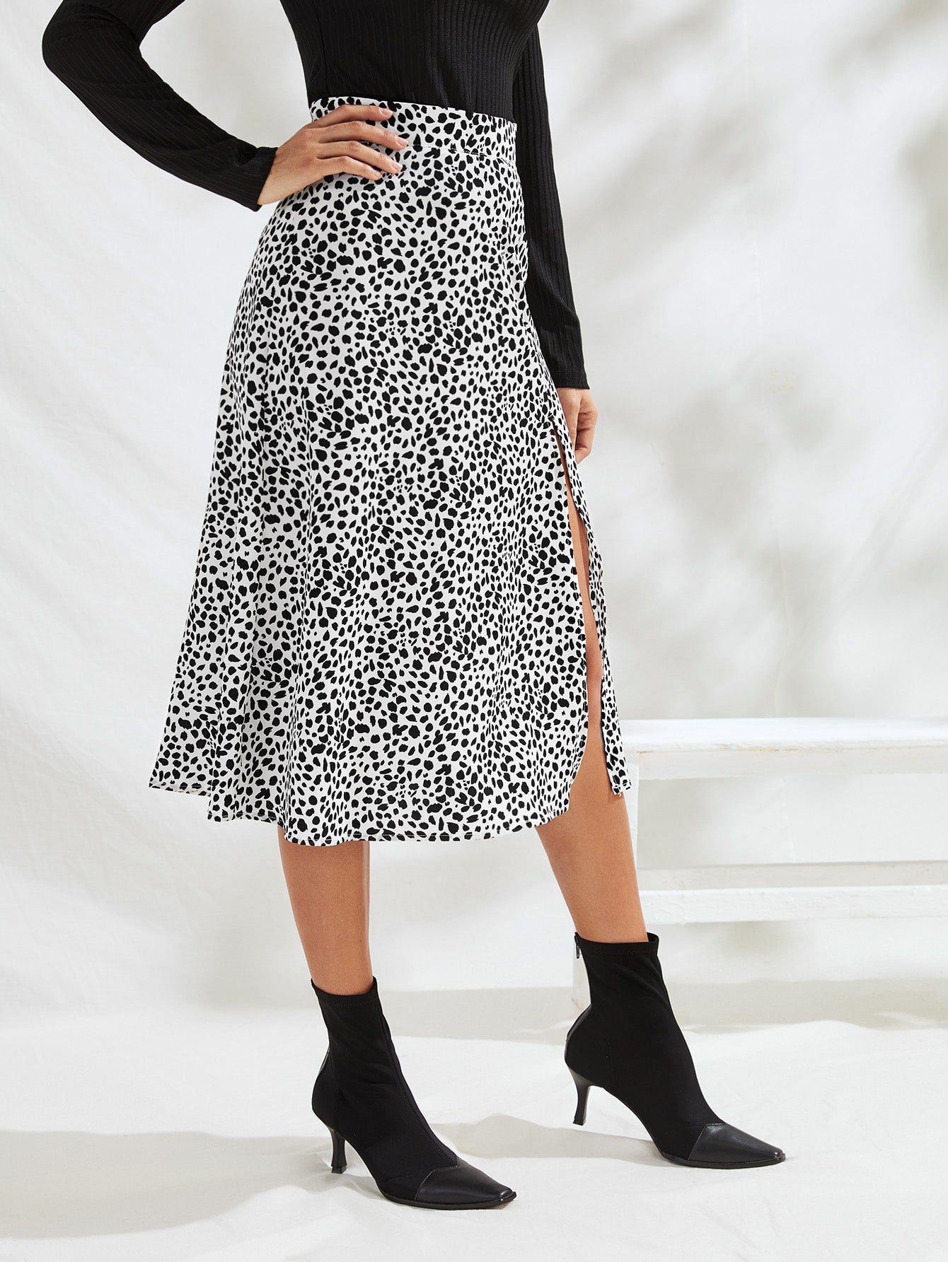 Dalmatian Print Split Thigh A-line Skirt