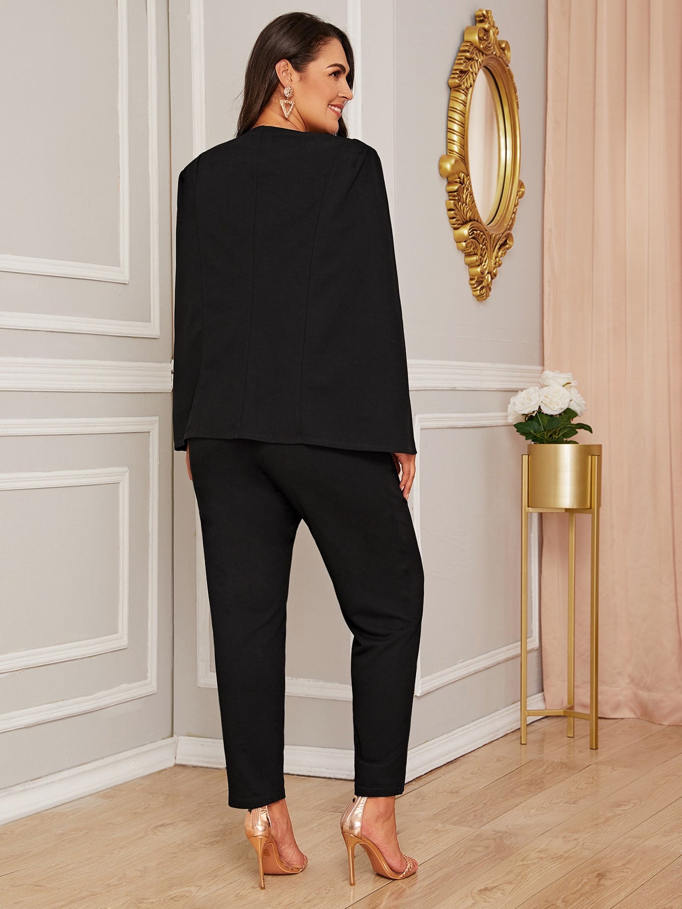 Plus Solid Cape Blazer & Pants Set Without Belt