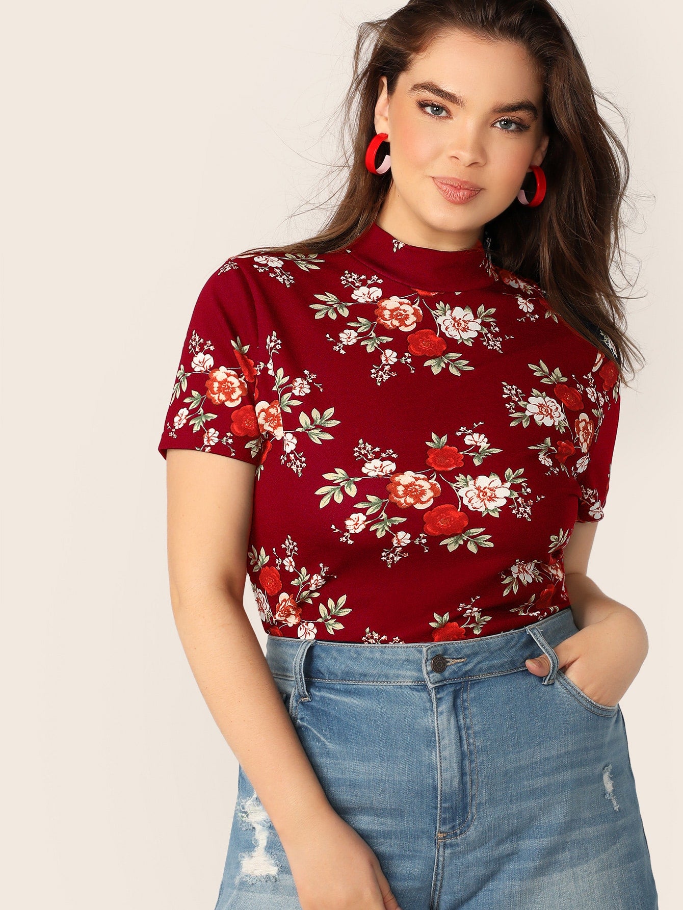 Plus Floral Print Mock-neck Top