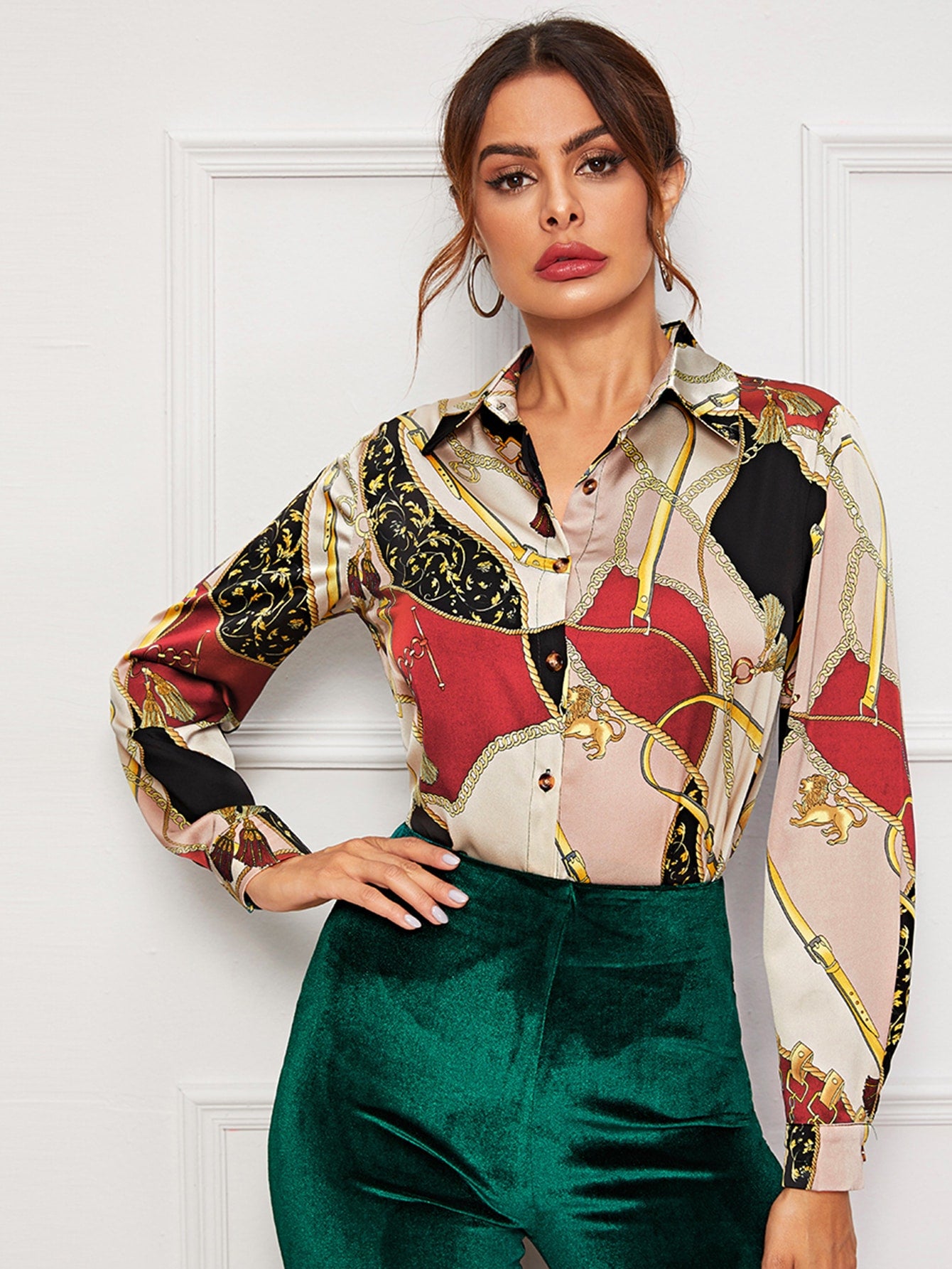 Chain Print Button Up Blouse