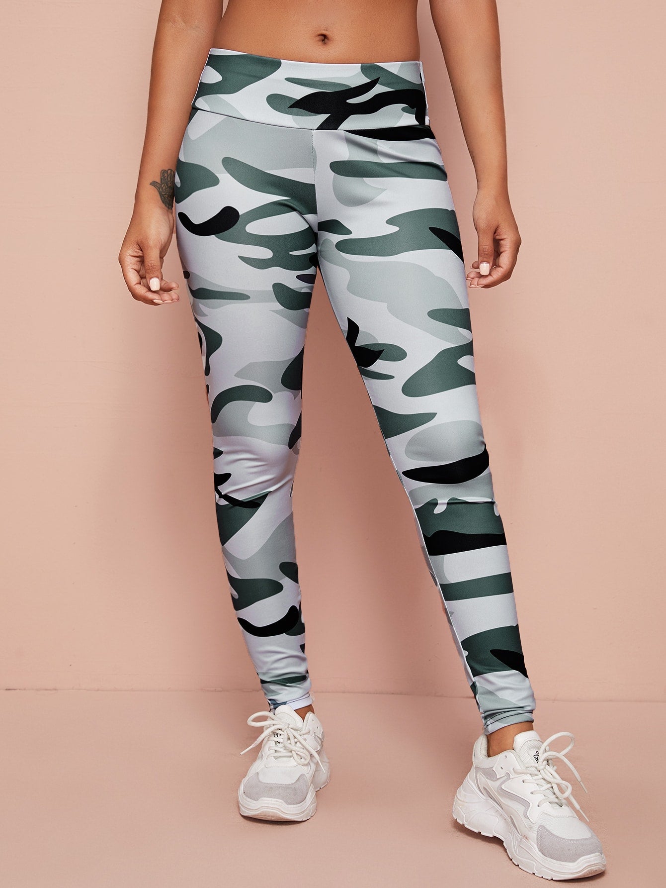 Camo Print Wide Band Waist Sports Leggings