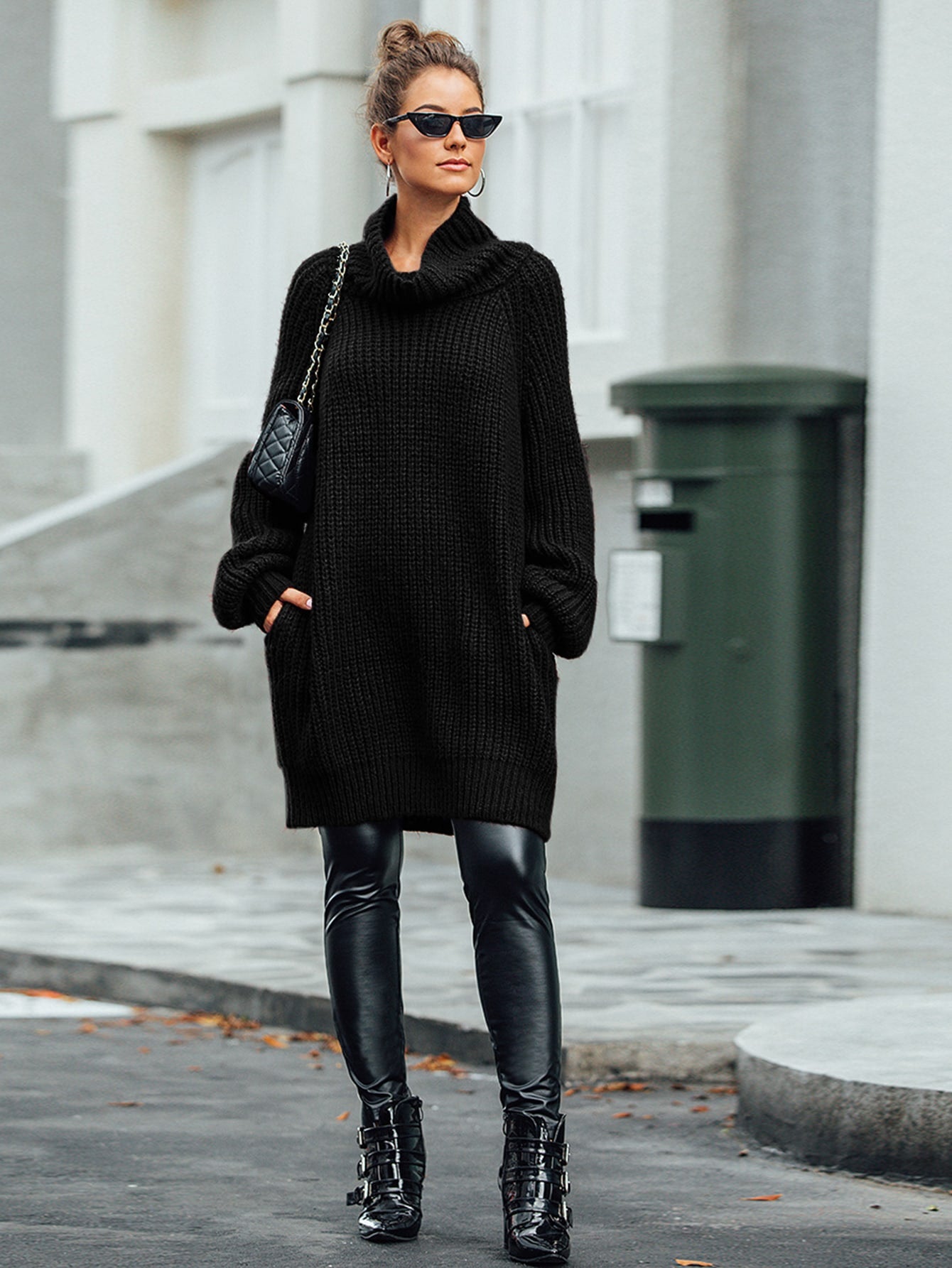 High Neck Pocket Side Sweater Dress