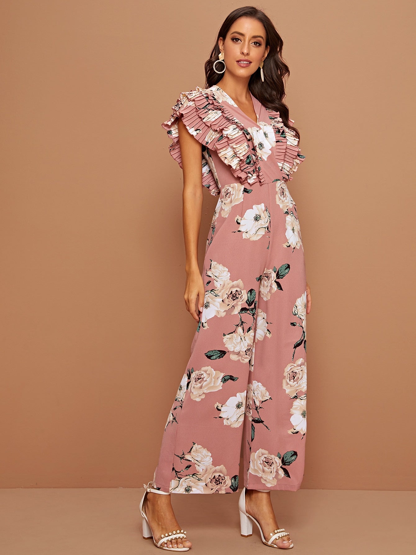 Layered Pleated Trim Floral Print Wide Leg Jumpsuit