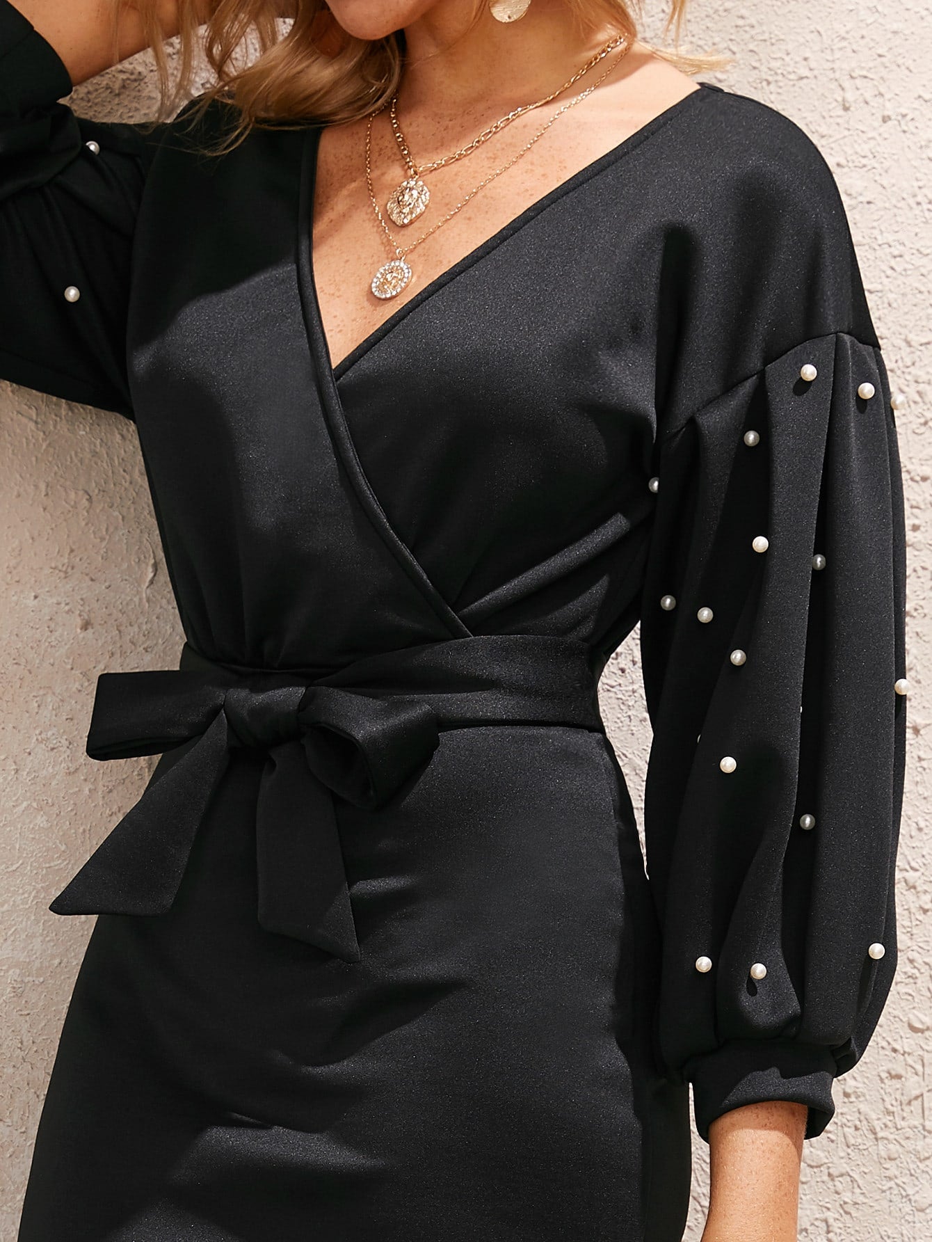 Pearl Beaded Bishop Sleeve Belted Mermaid Dress