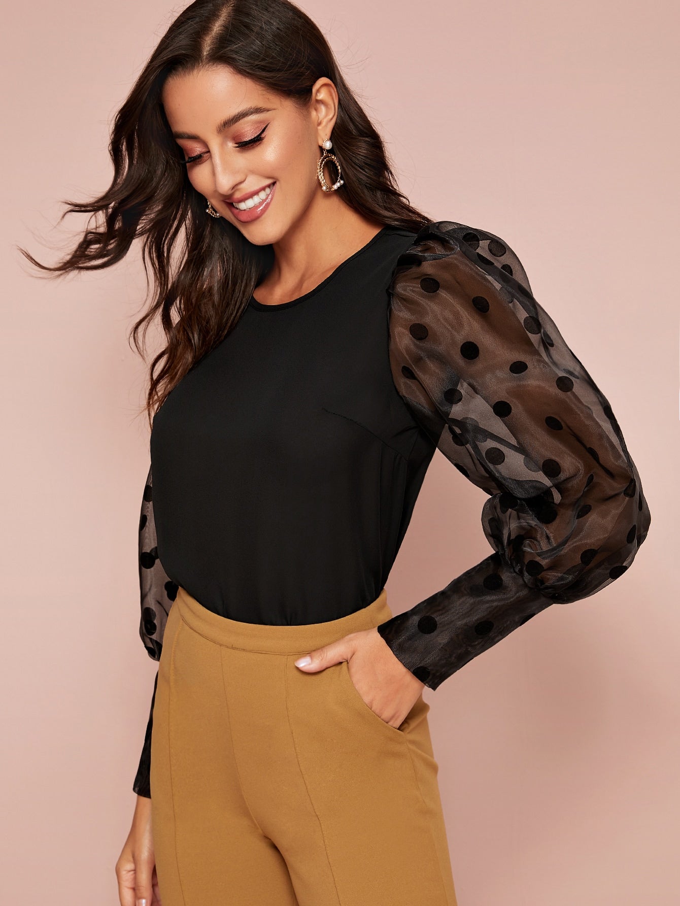 Polka-dot Sheer Organza Gigot Sleeve Top
