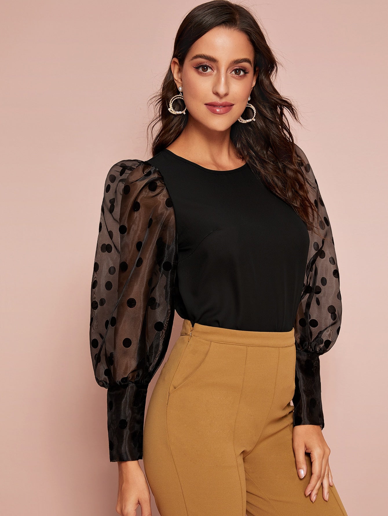 Polka-dot Sheer Organza Gigot Sleeve Top