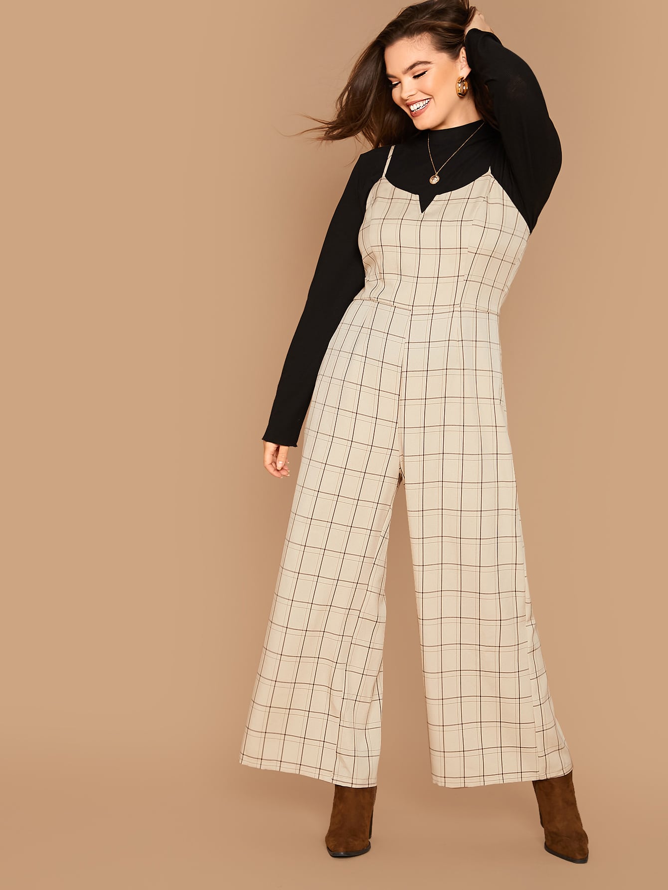 Plus Wide Leg Plaid Jumpsuit Without Top | Amy's Cart Singapore