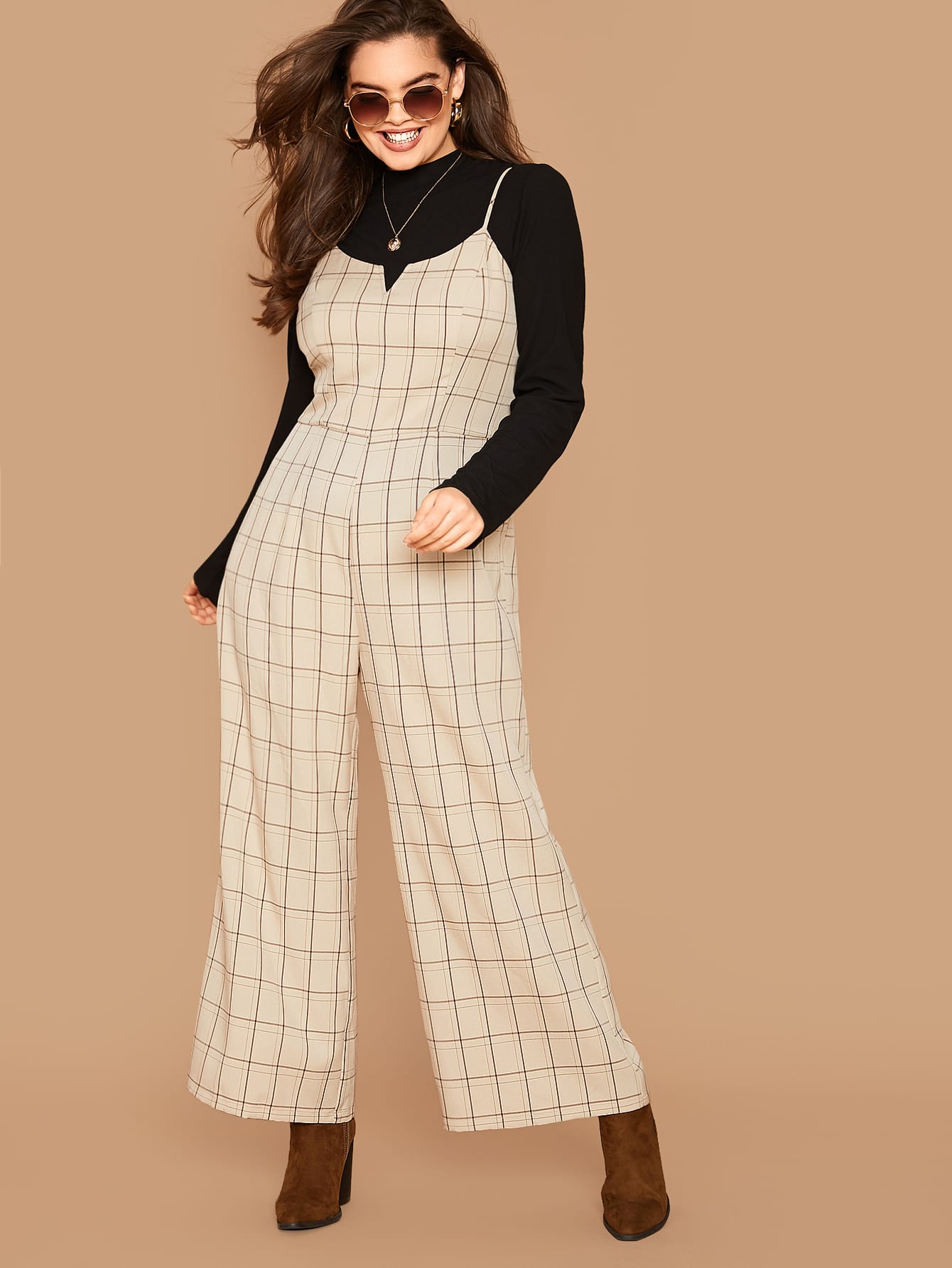Plus Wide Leg Plaid Jumpsuit Without Top | Amy's Cart Singapore