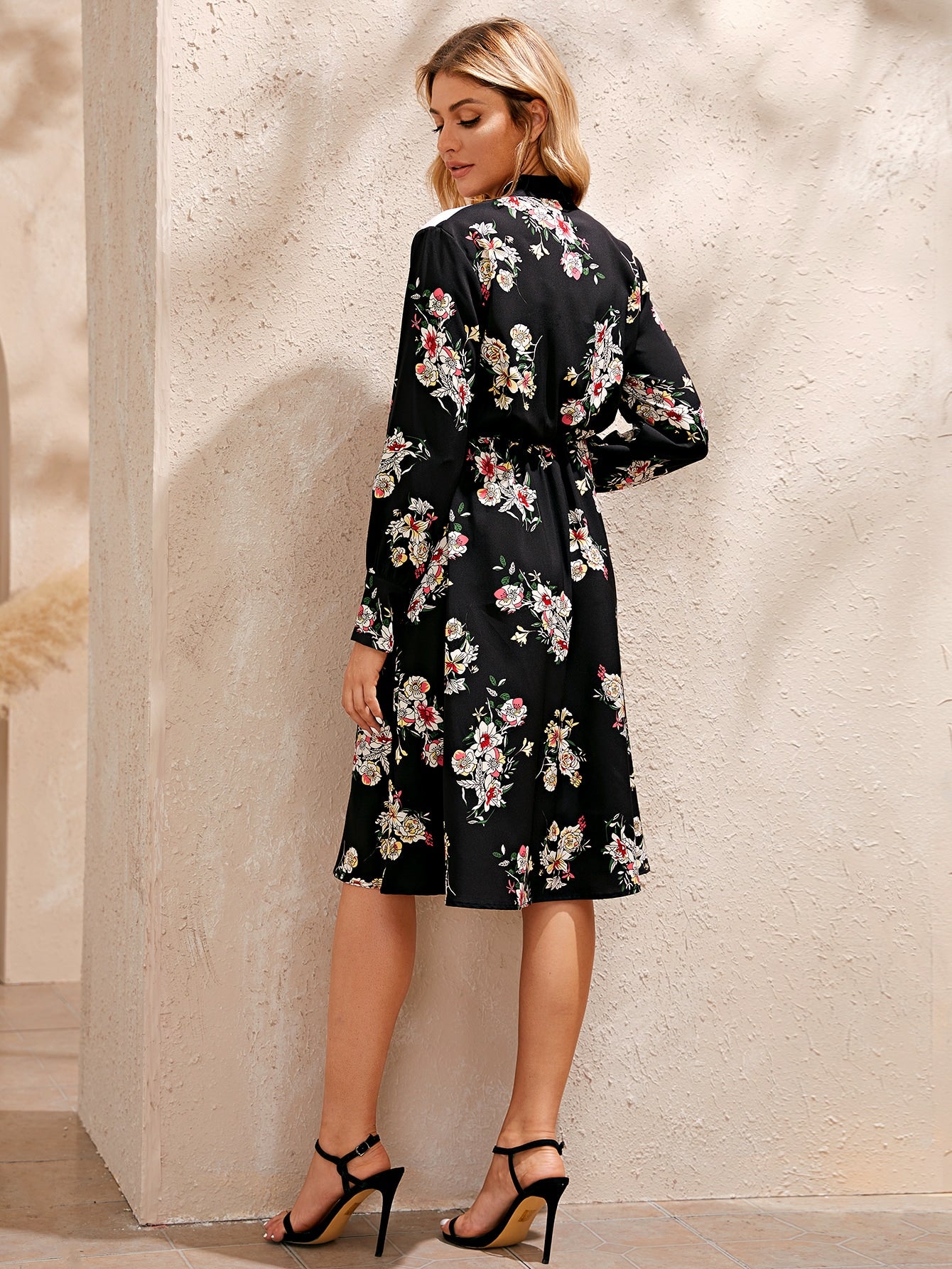 Polka Dot & Floral Print Tie Neck A-line Dress