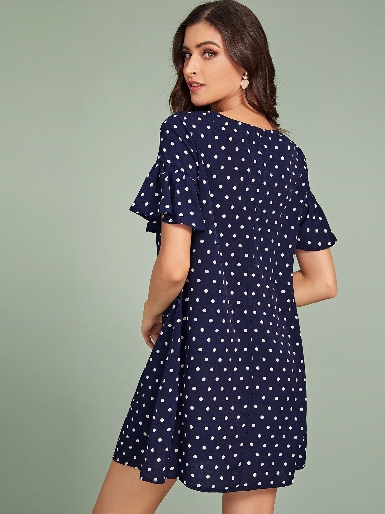 Ruffle Cuff Polka Dot Print Dress