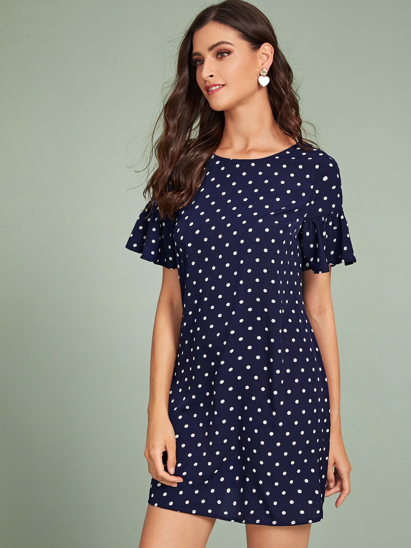 Ruffle Cuff Polka Dot Print Dress