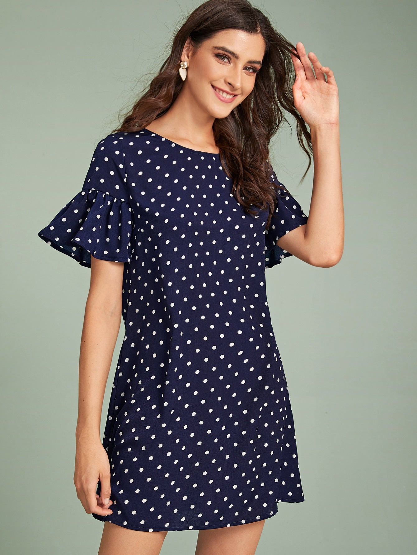 Ruffle Cuff Polka Dot Print Dress