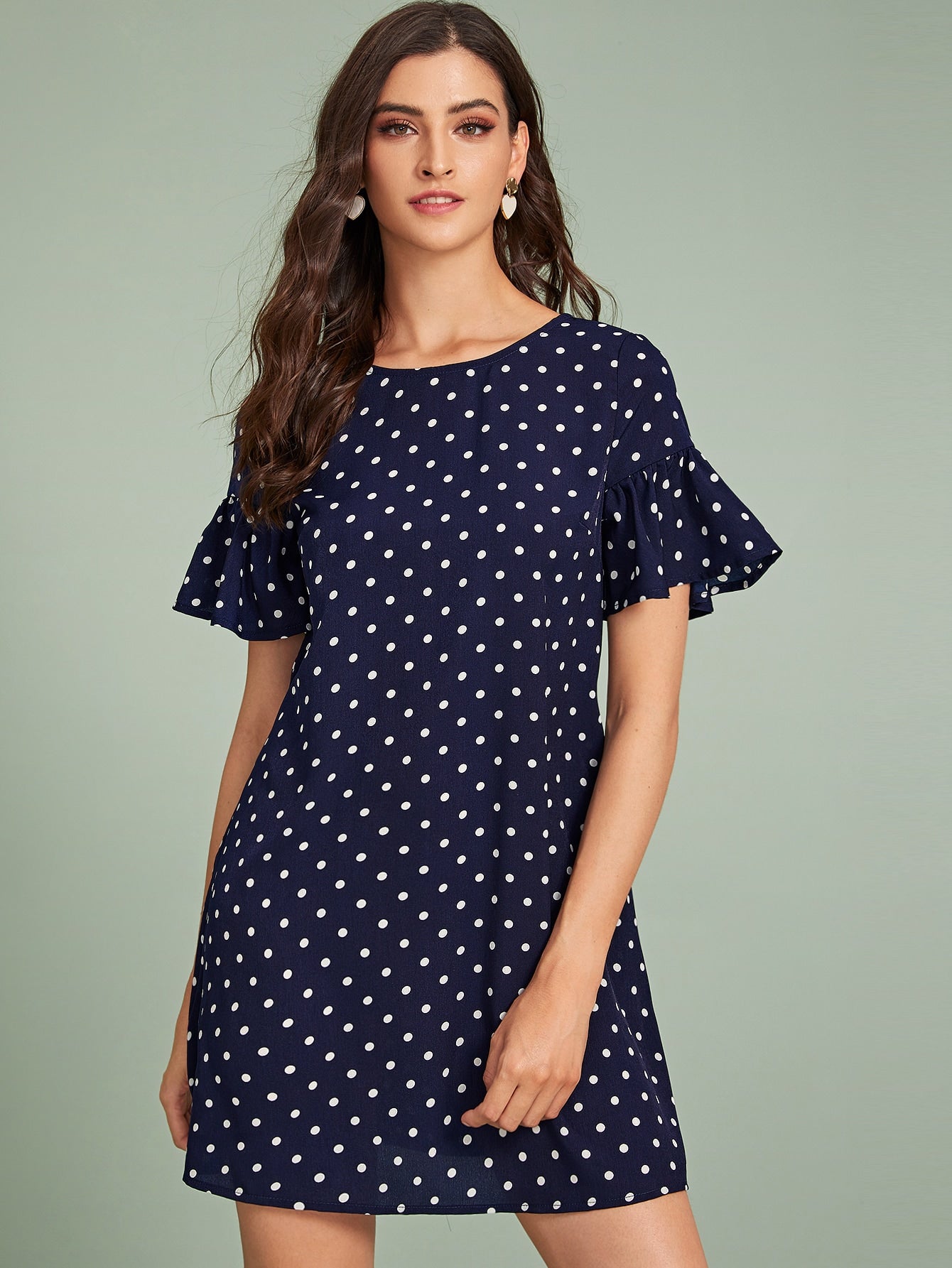 Ruffle Cuff Polka Dot Print Dress