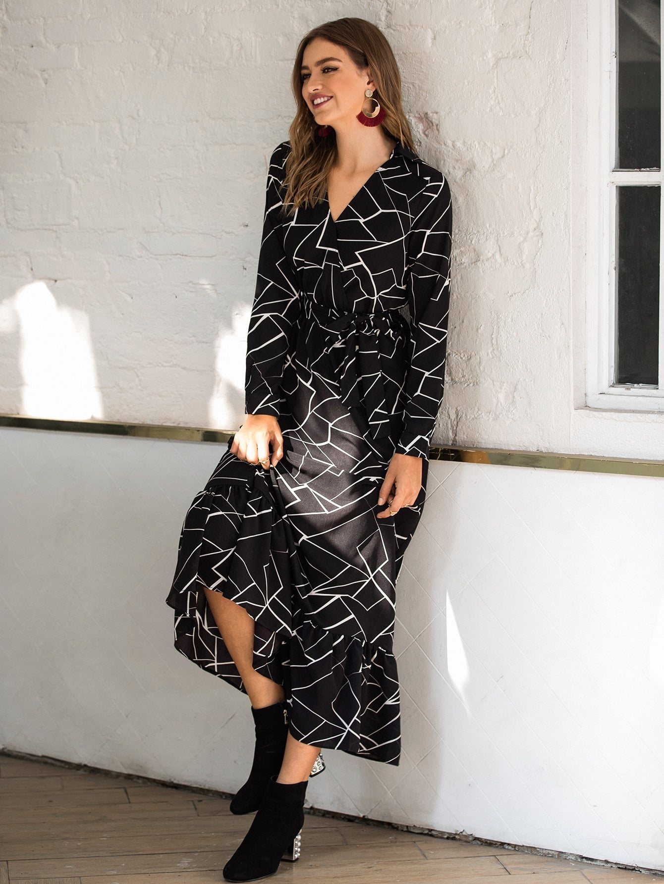 Geo Print Surplice Front Belted Dress | Amy's Cart Singapore