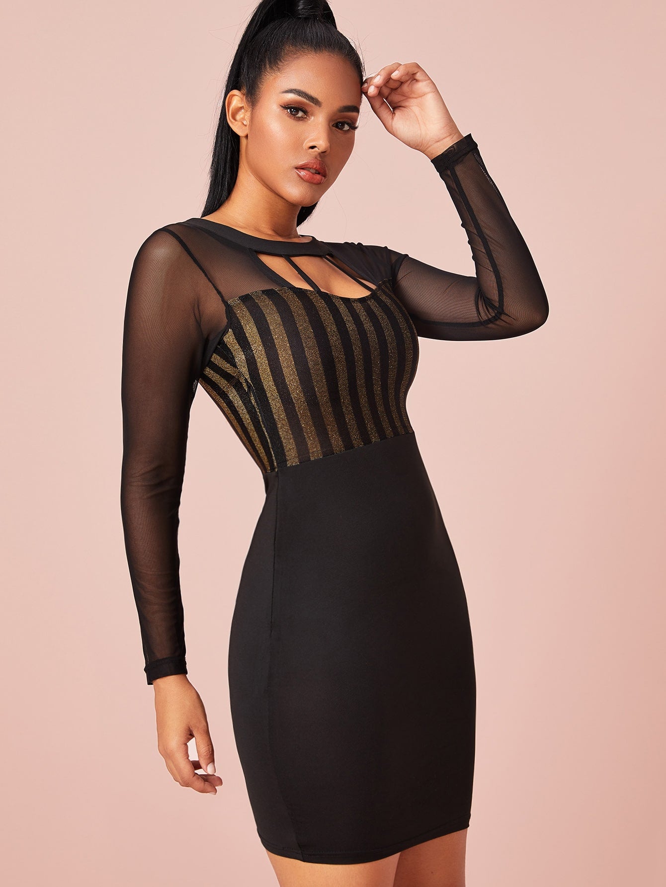 Sheer Mesh Yoke Cut-out Glitter Bodycon Dress