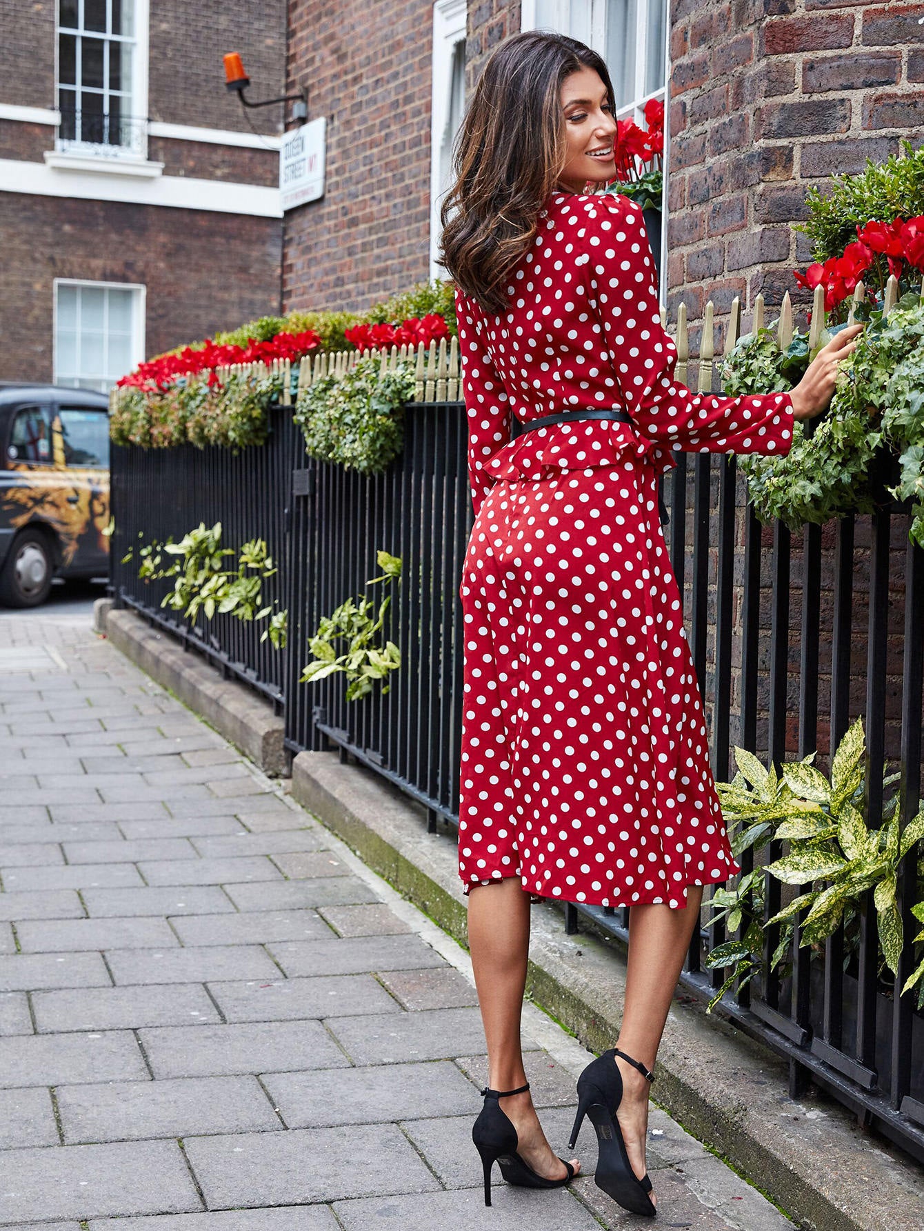 V-neck Ruffle Detail Belted Polka Dot Dress