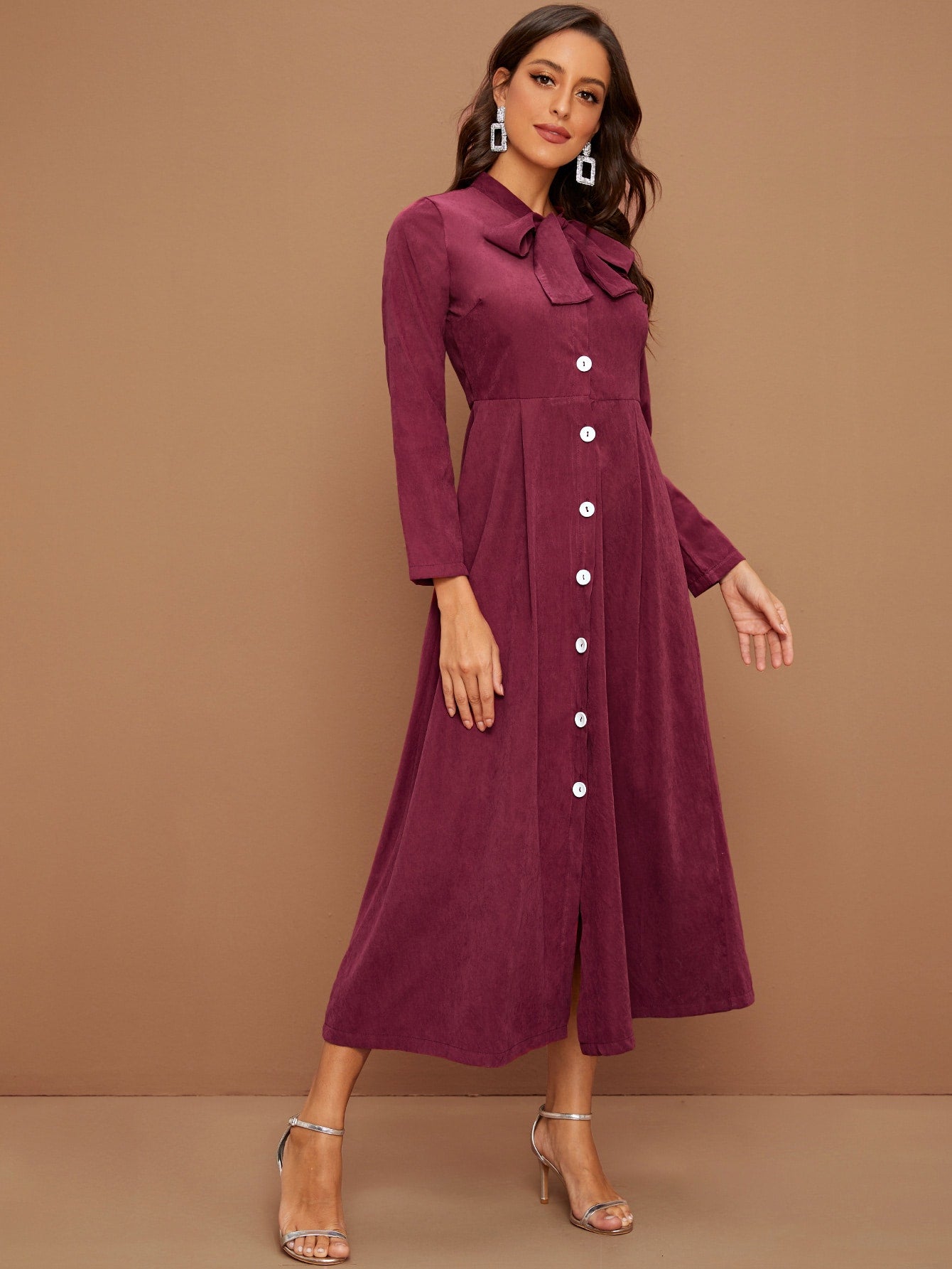 Button Front Tie Neck Satin Shirt Dress