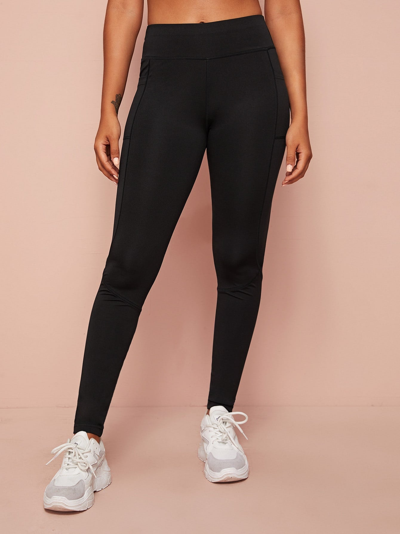 Pocket Detail Wide Band Waist Sports Leggings
