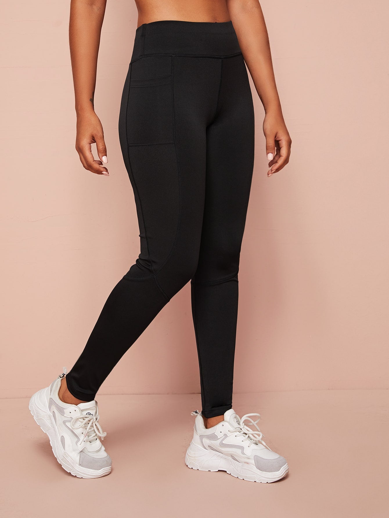 Pocket Detail Wide Band Waist Sports Leggings