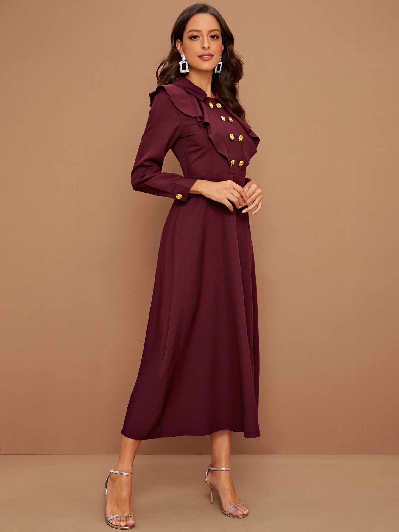 Double Breasted Ruffle Trim Dress