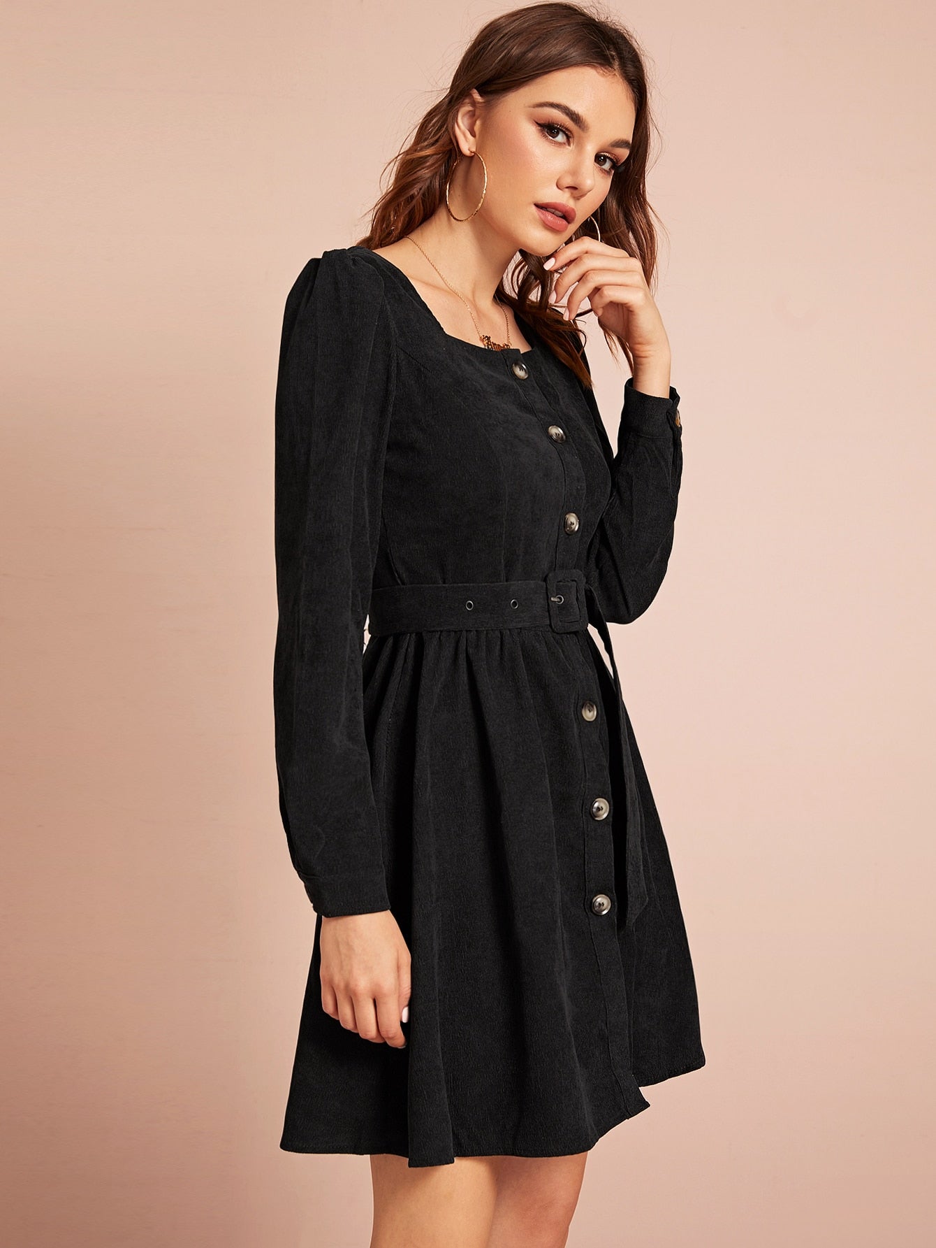 Button Front Belted Corduroy Flare Dress