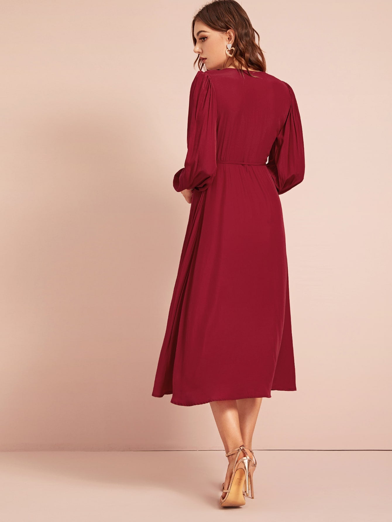 Self Tie Bishop Sleeve Wrap Dress