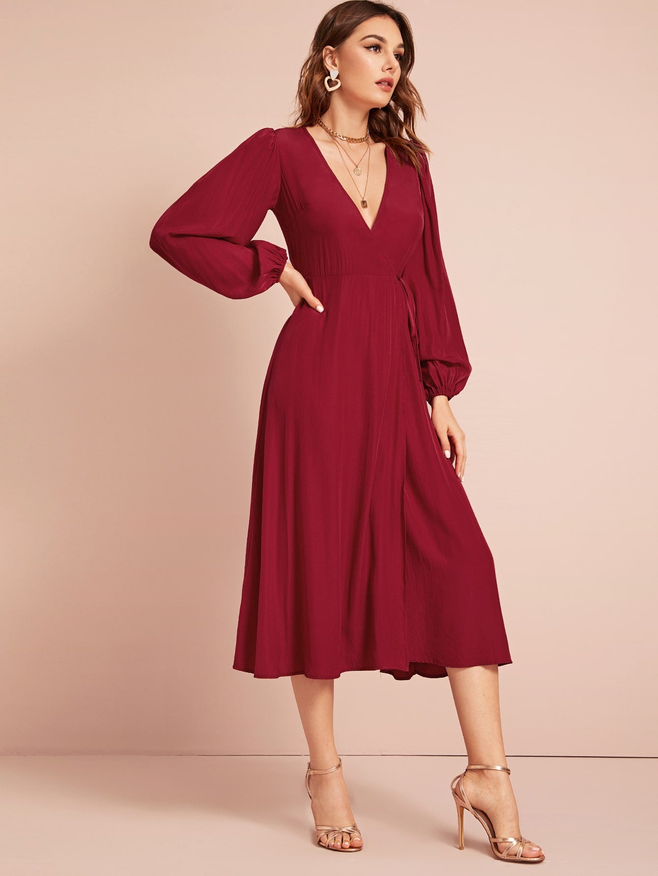 Self Tie Bishop Sleeve Wrap Dress