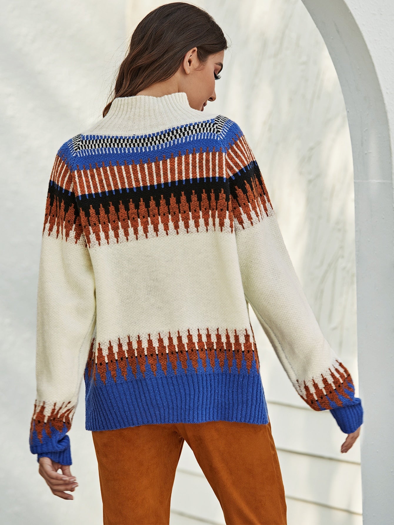 Stand Collar Raglan Sleeve Fair Isle Sweater