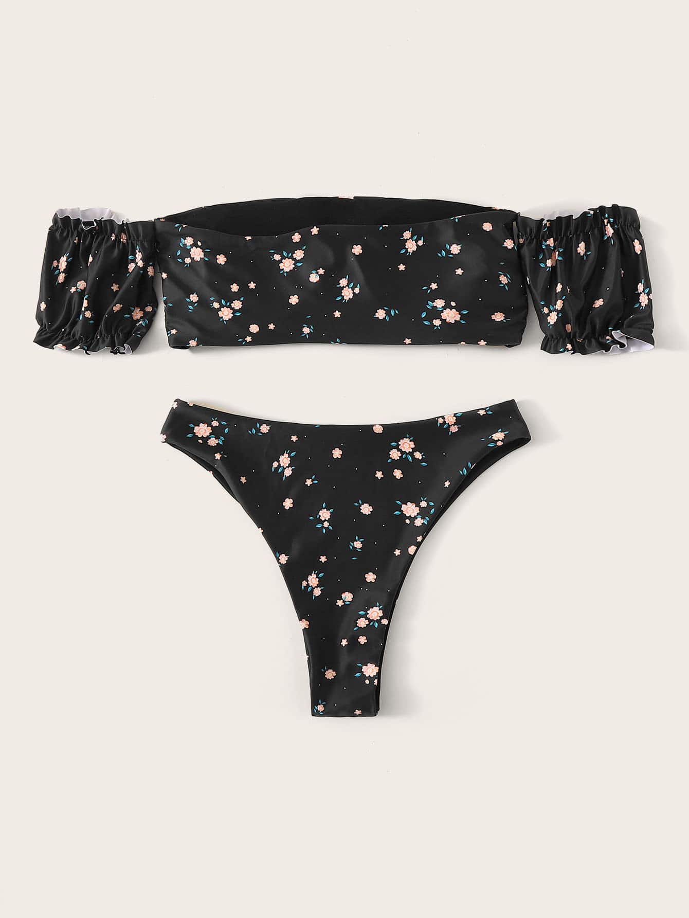 Ditsy Floral Bardot Top With High Cut Bikini