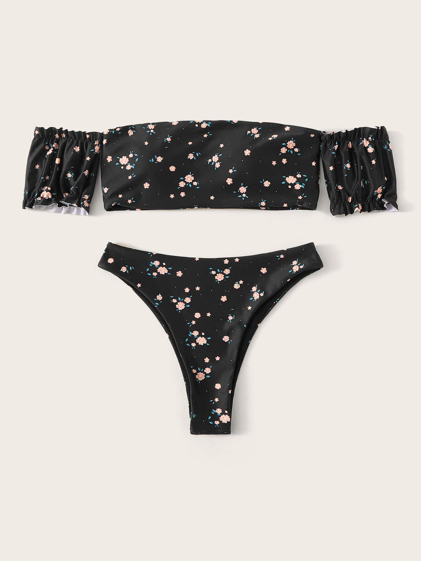 Ditsy Floral Bardot Top With High Cut Bikini
