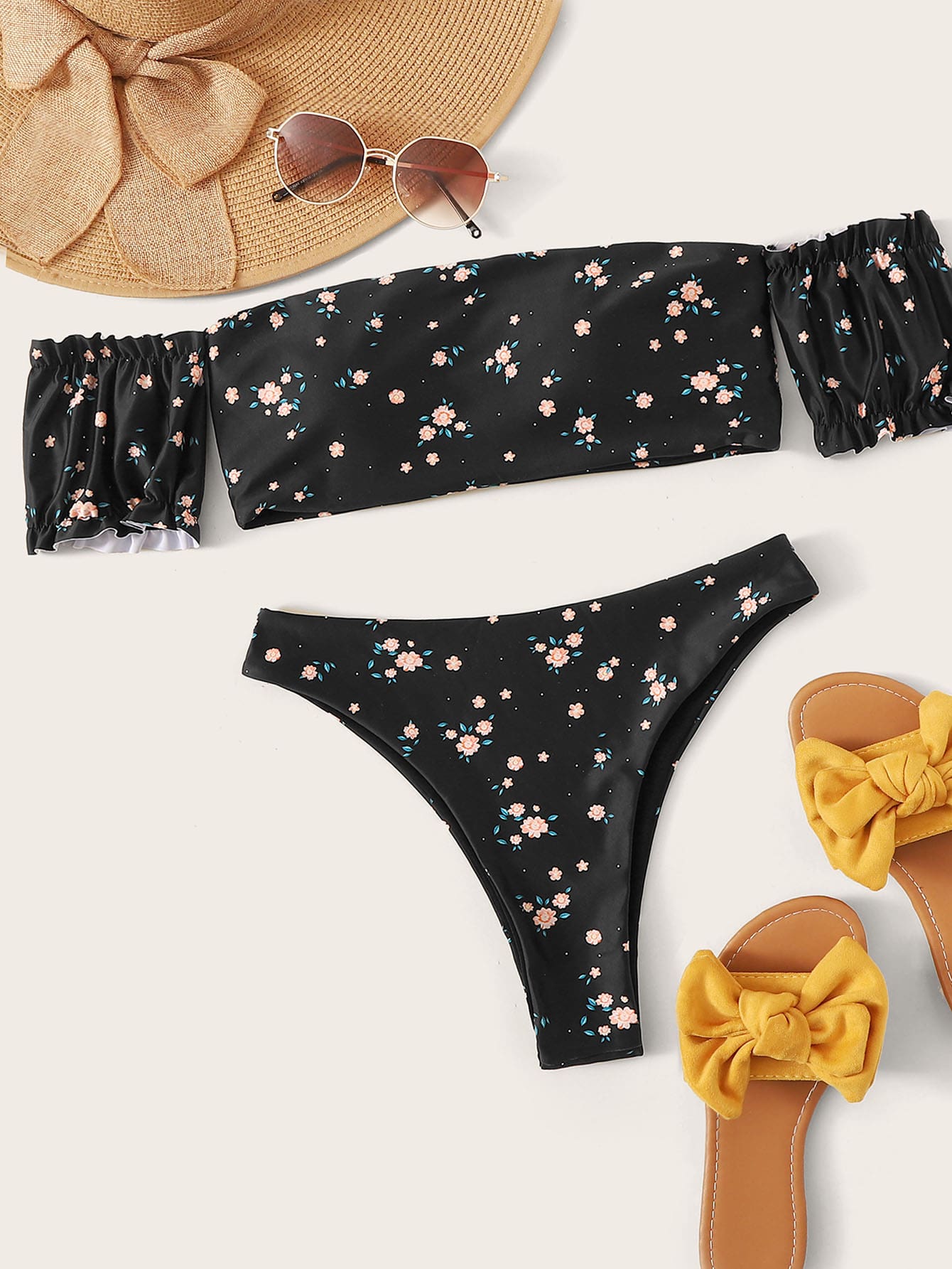 Ditsy Floral Bardot Top With High Cut Bikini
