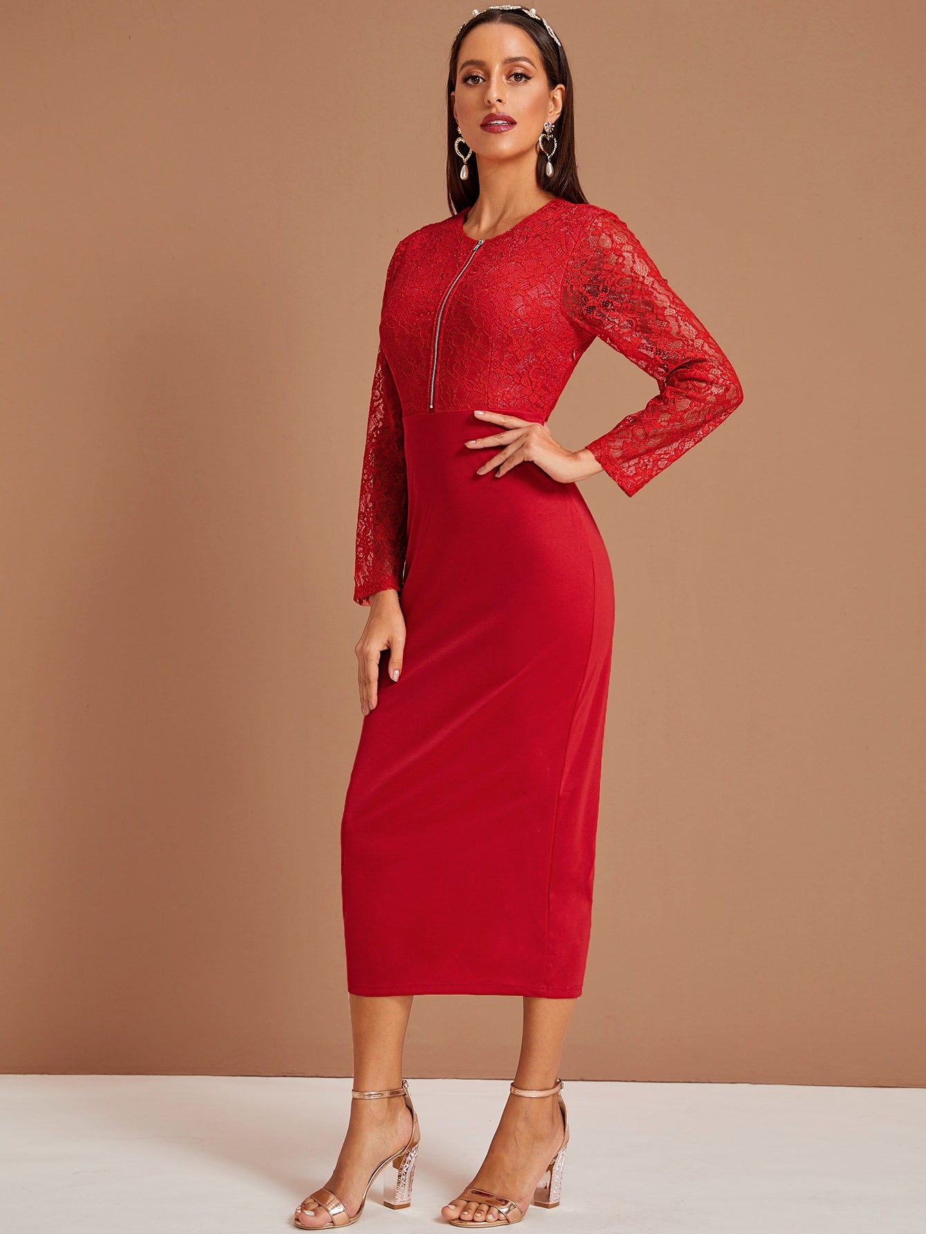 Zipper Lace Overlay Split Hem Dress