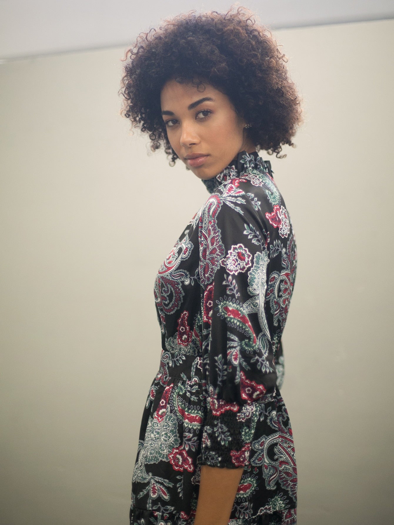 Amy's Cart Premium Mock Neck Ruffle Hem Paisley Print Flare Dress