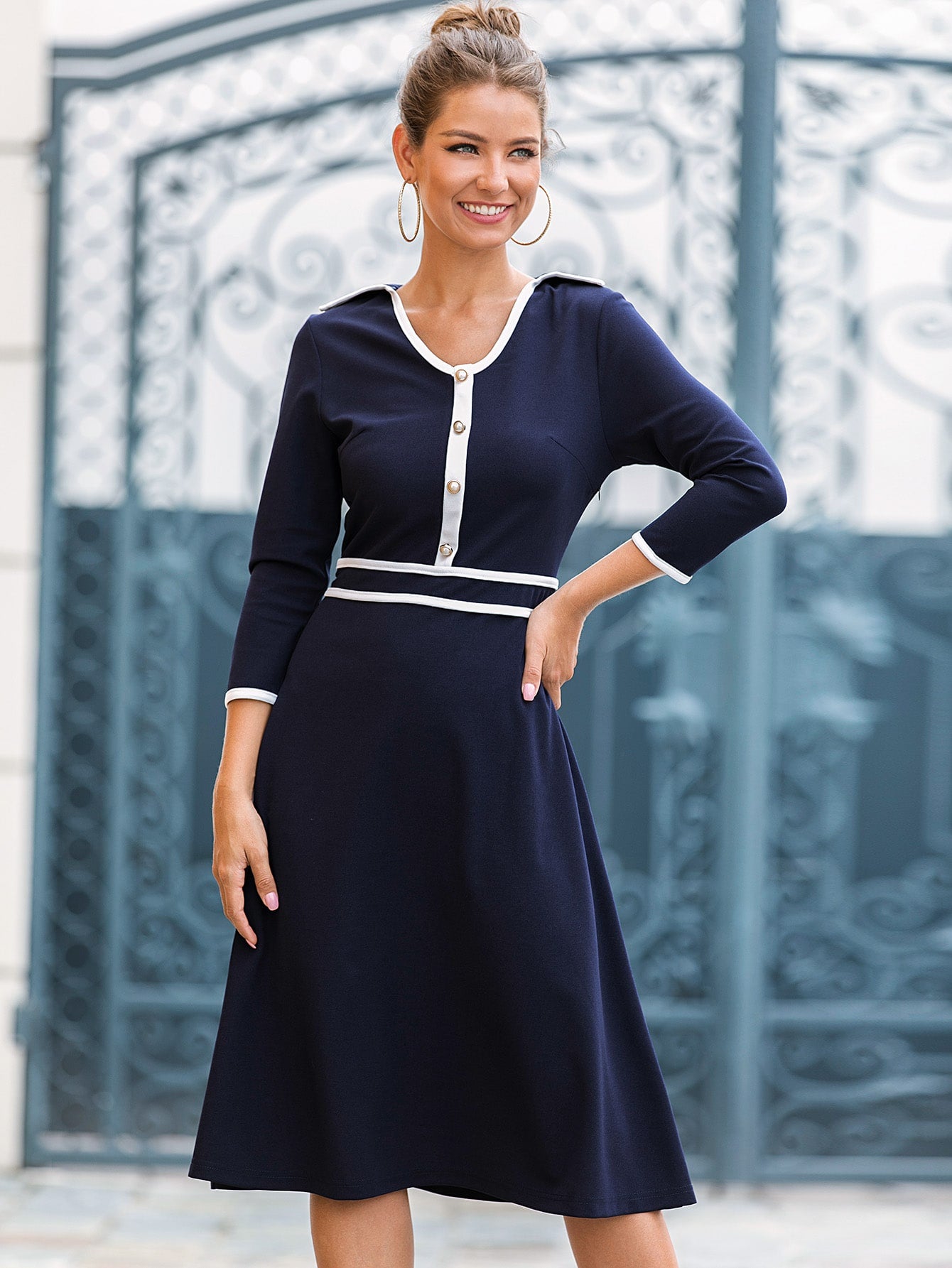 Contrast Piping Pearls Button Epaulet A-line Dress