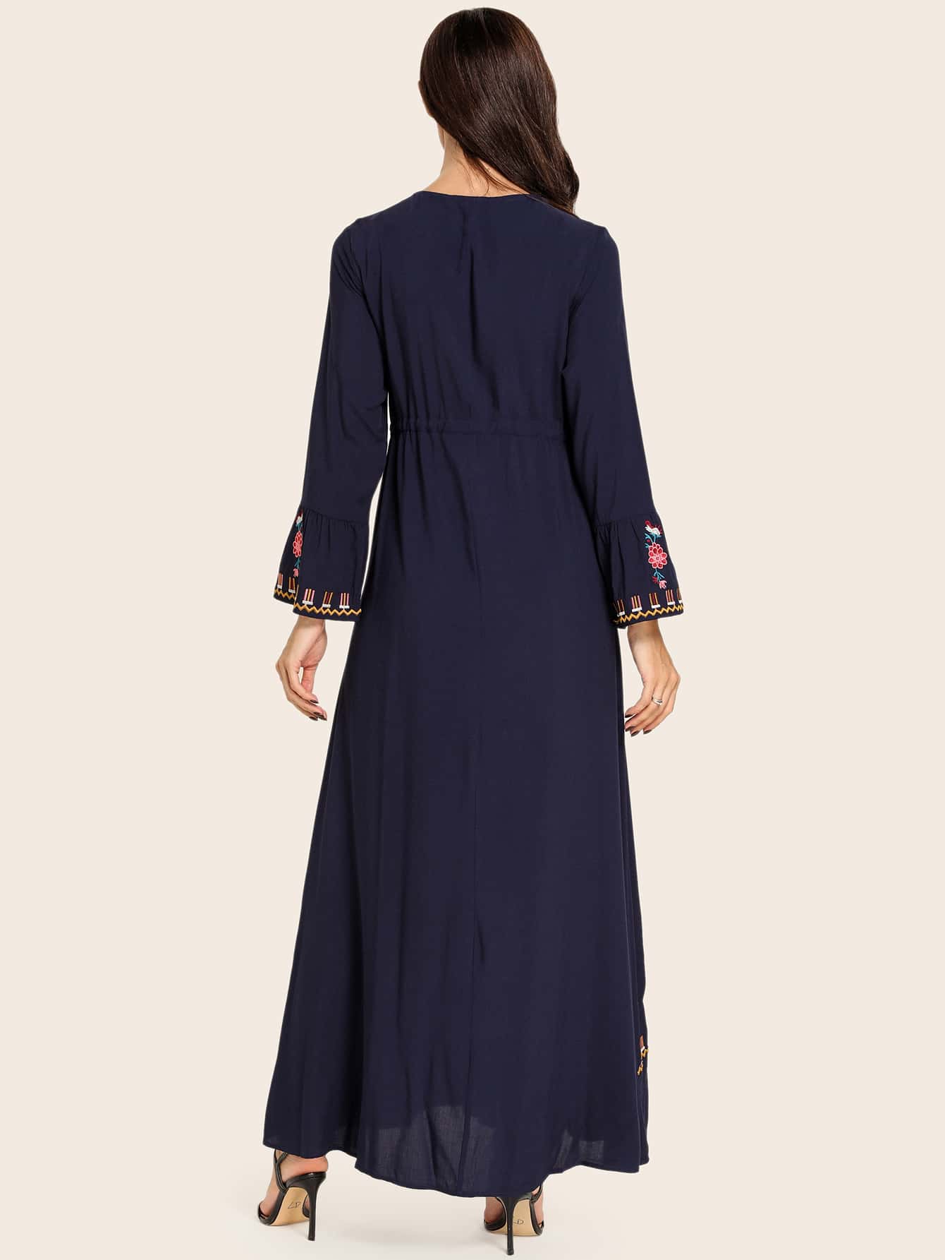 Tribal Embroidered Drawstring Waist Maxi Dress