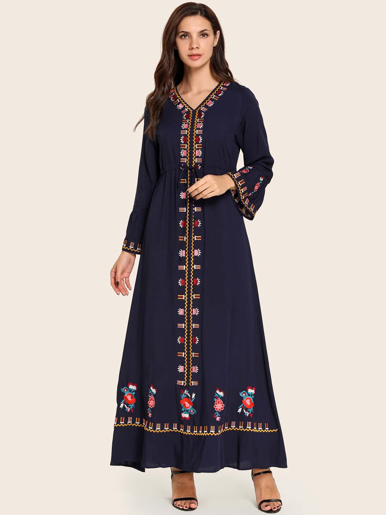 Tribal Embroidered Drawstring Waist Maxi Dress