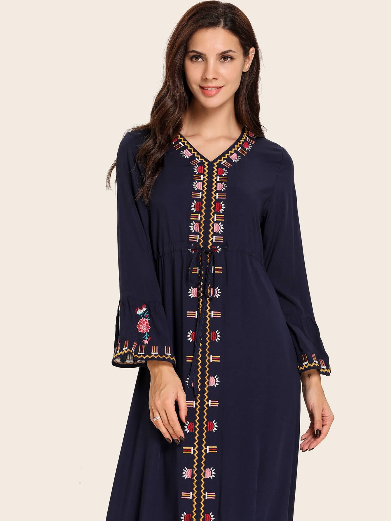 Tribal Embroidered Drawstring Waist Maxi Dress