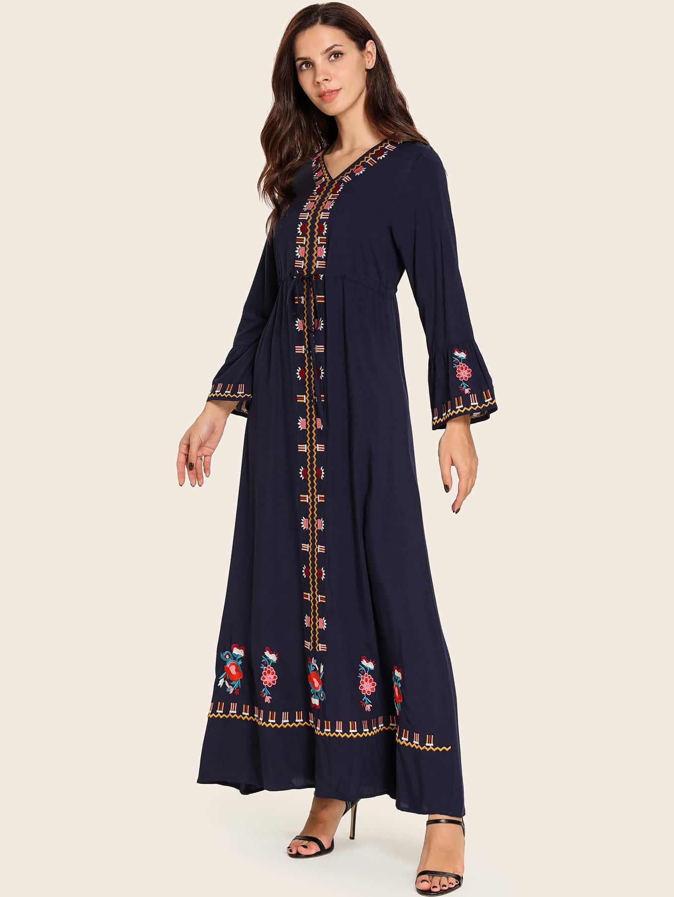 Tribal Embroidered Drawstring Waist Maxi Dress