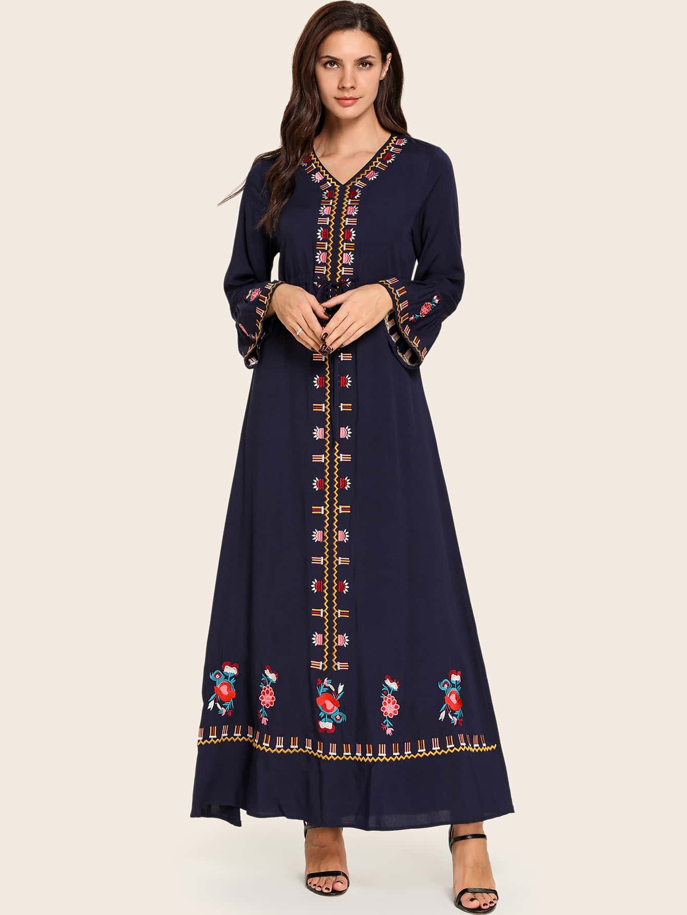 Tribal Embroidered Drawstring Waist Maxi Dress