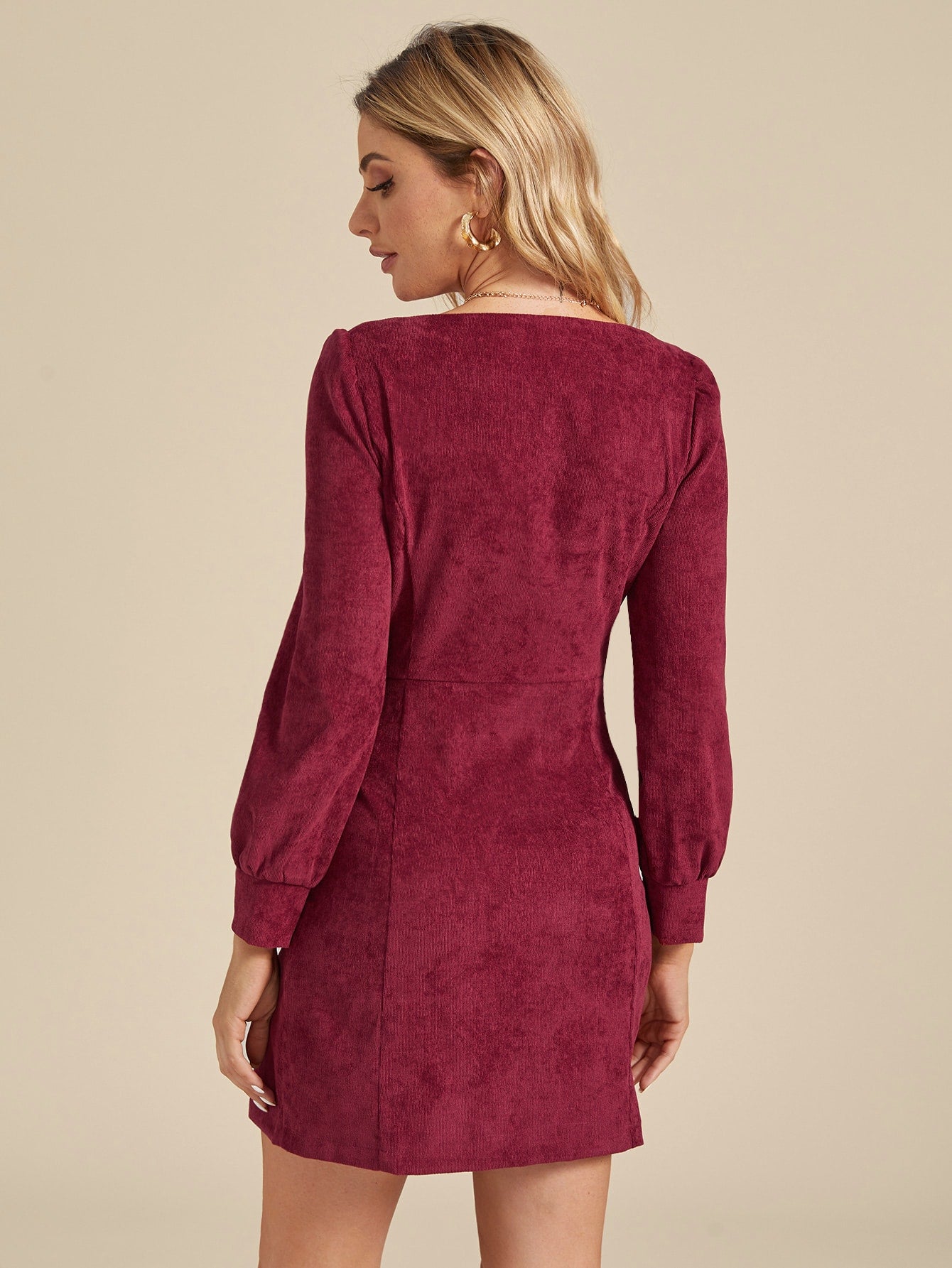 Solid Button Through Square Neck Corduroy Dress