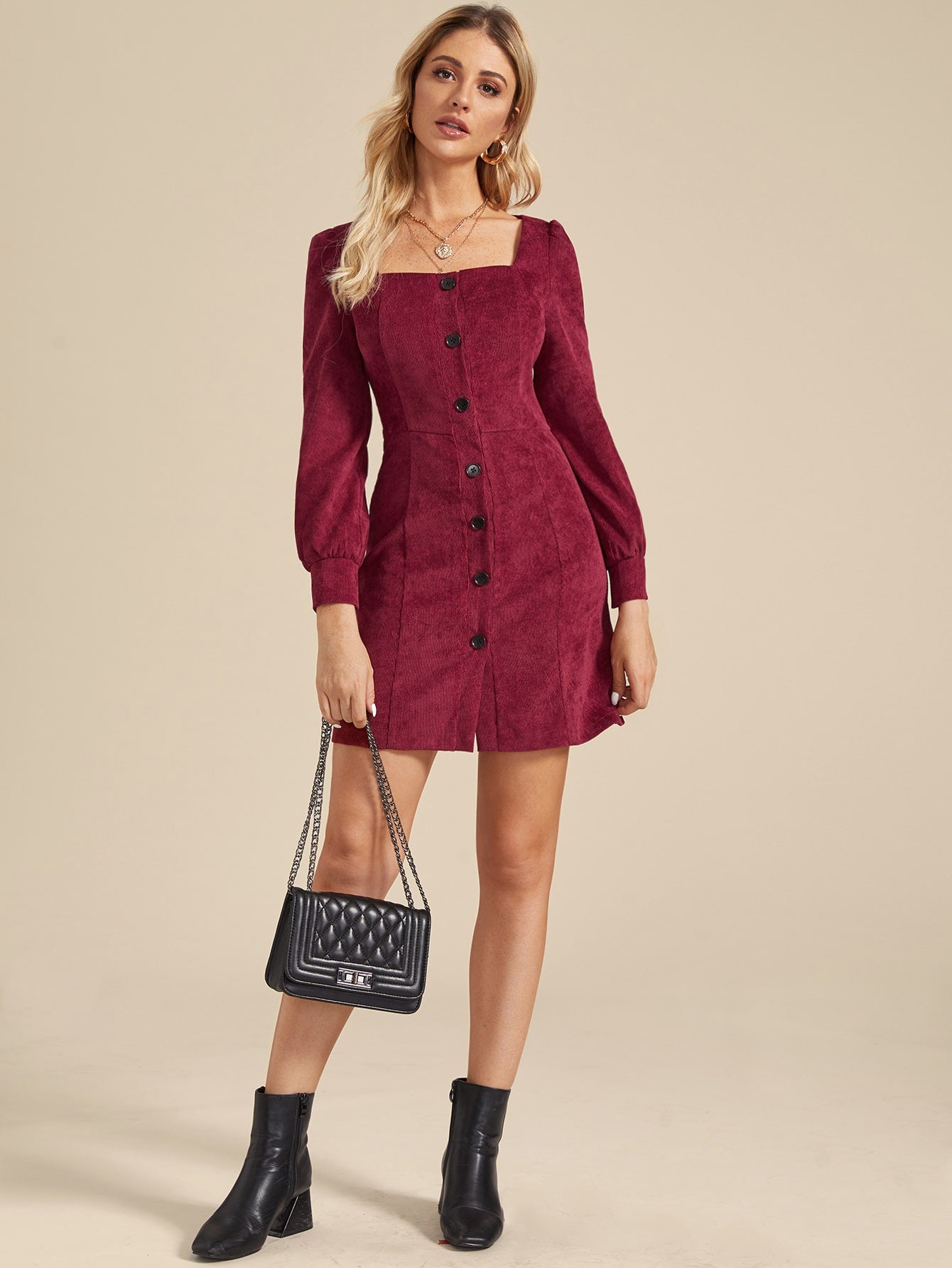 Solid Button Through Square Neck Corduroy Dress