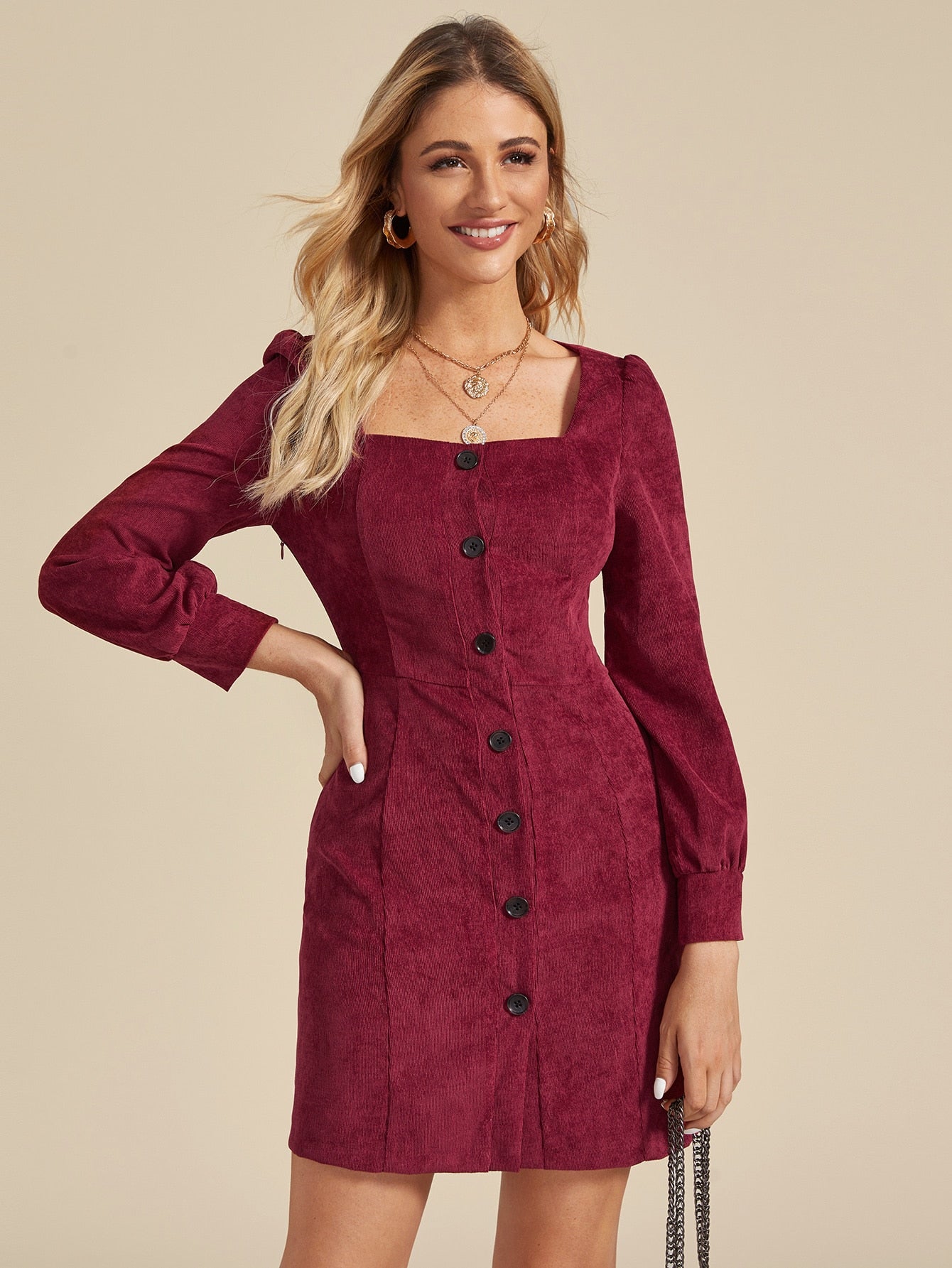Solid Button Through Square Neck Corduroy Dress