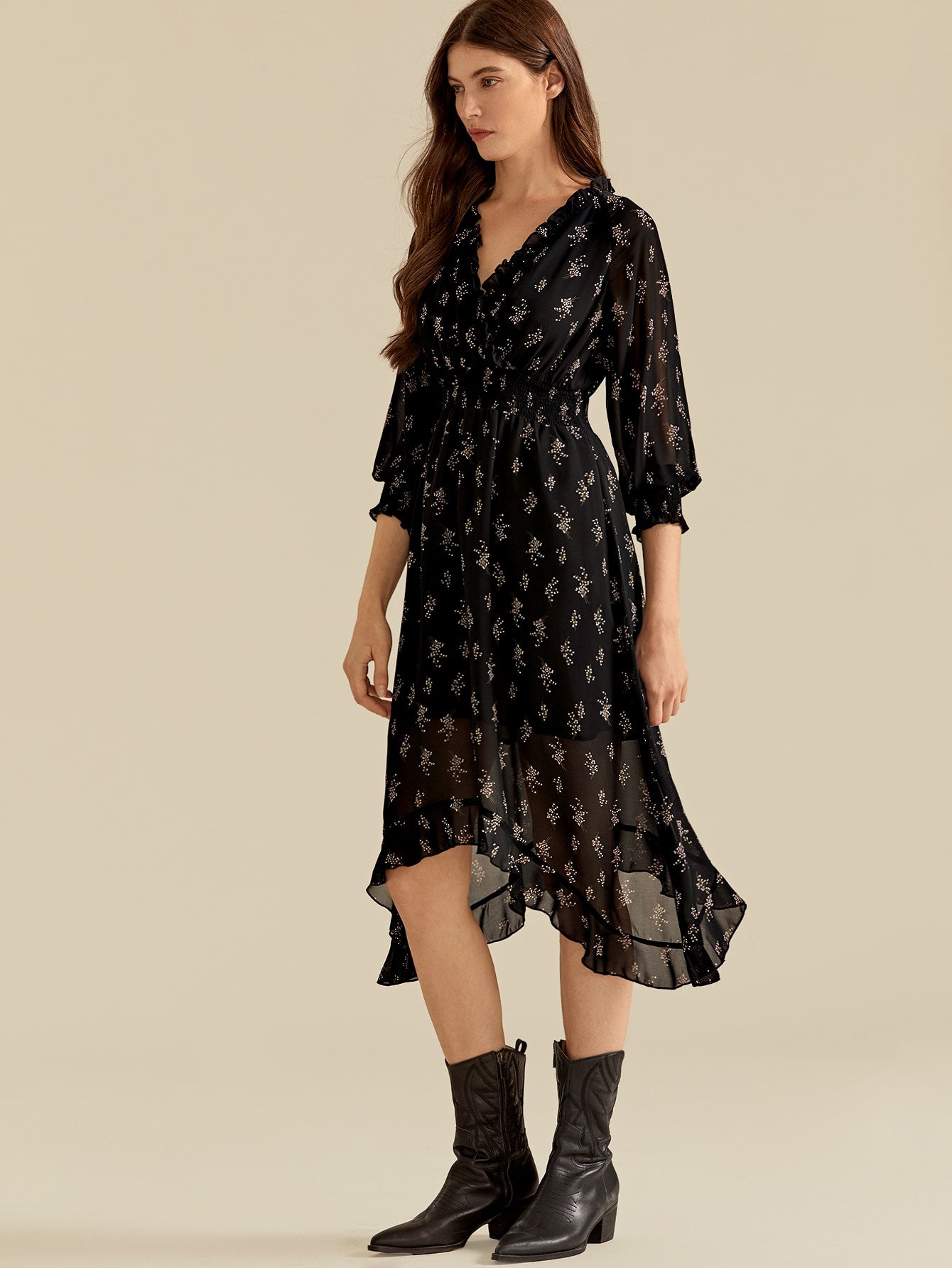 Amy's Cart Premium Frill Trim Shirred Waist Asymmetrical Hem Ditsy Floral Dress