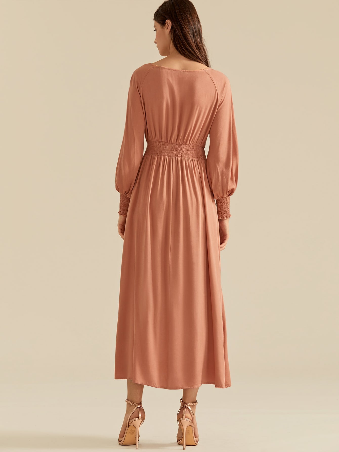 Shirred Panel Tie Front Raglan Lantern Sleeve Dress