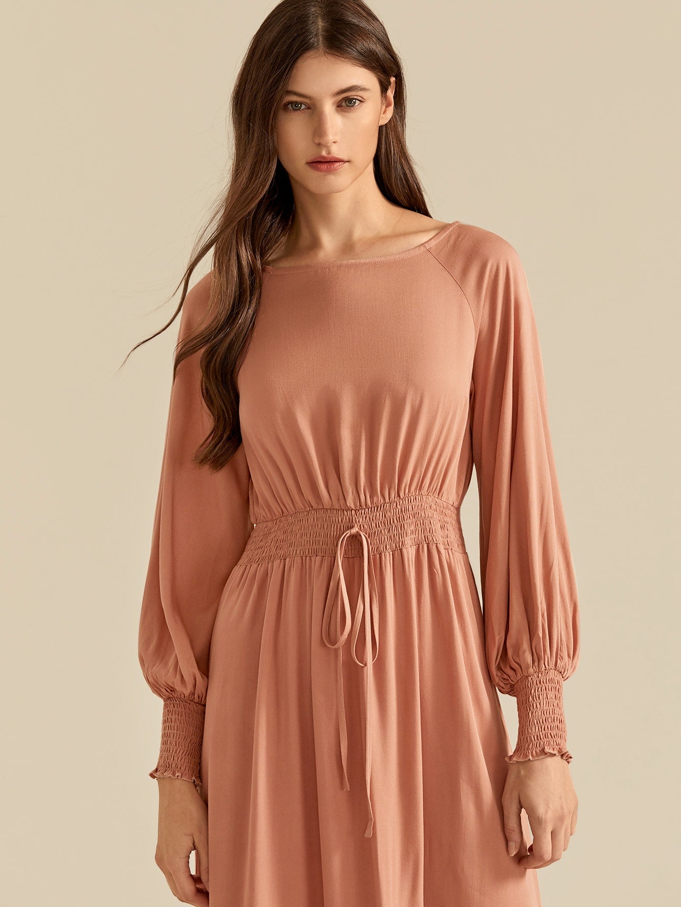 Shirred Panel Tie Front Raglan Lantern Sleeve Dress