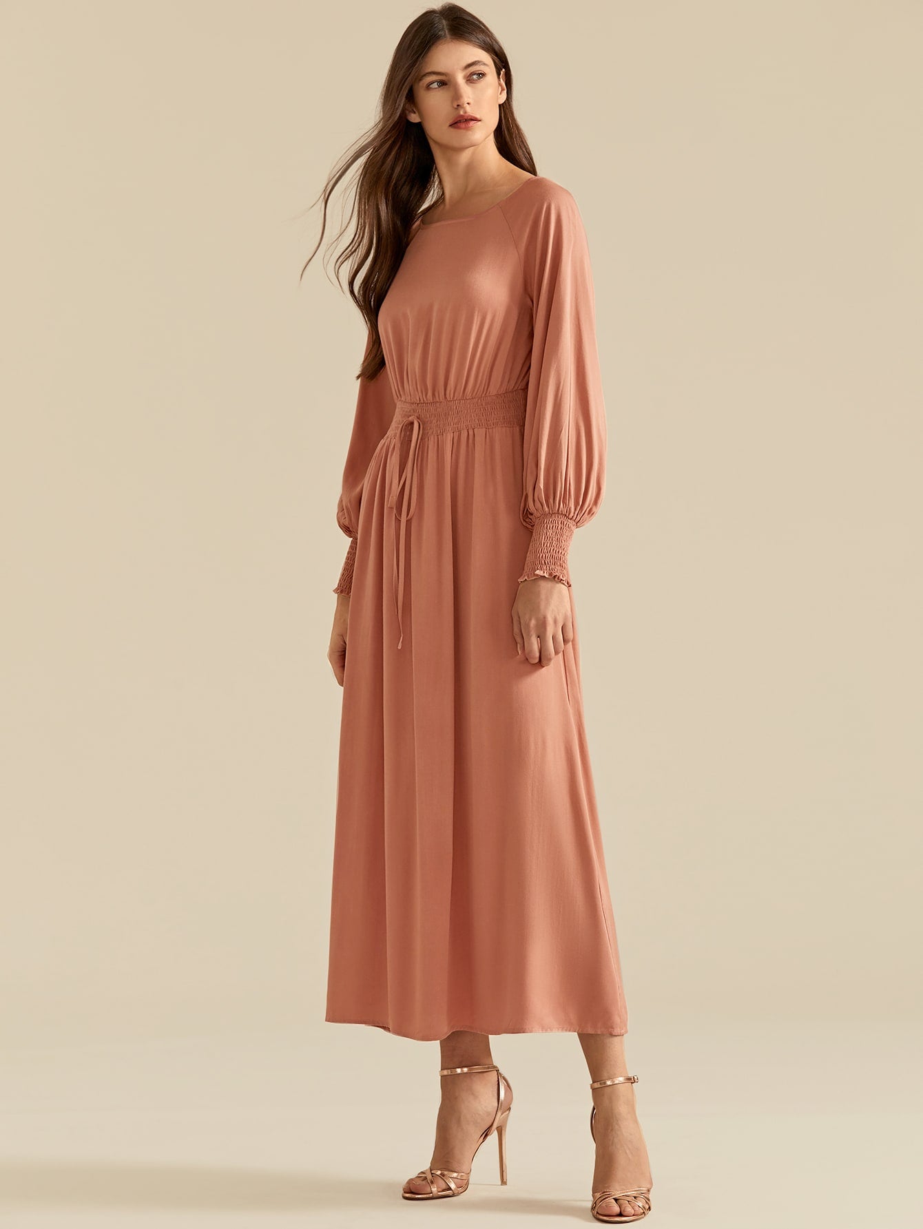 Shirred Panel Tie Front Raglan Lantern Sleeve Dress